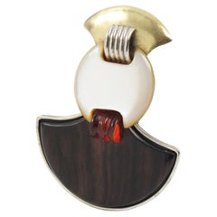 Fabrice Paris Art Deco-Inspired Wood and SeaShell Pin Brooch 