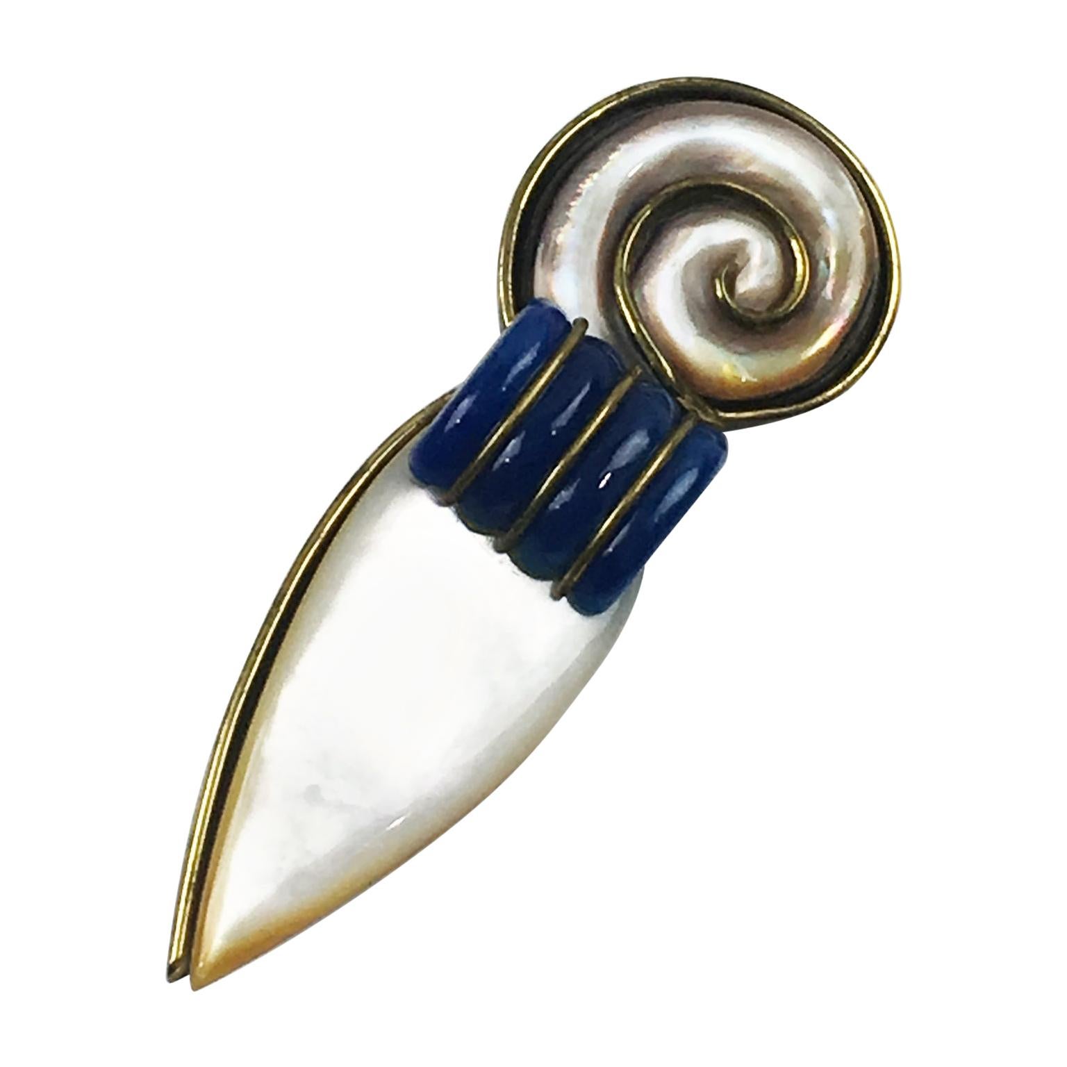 Fabrice Paris Art Deco Mother of Pearl Brass Pin Brooch 
