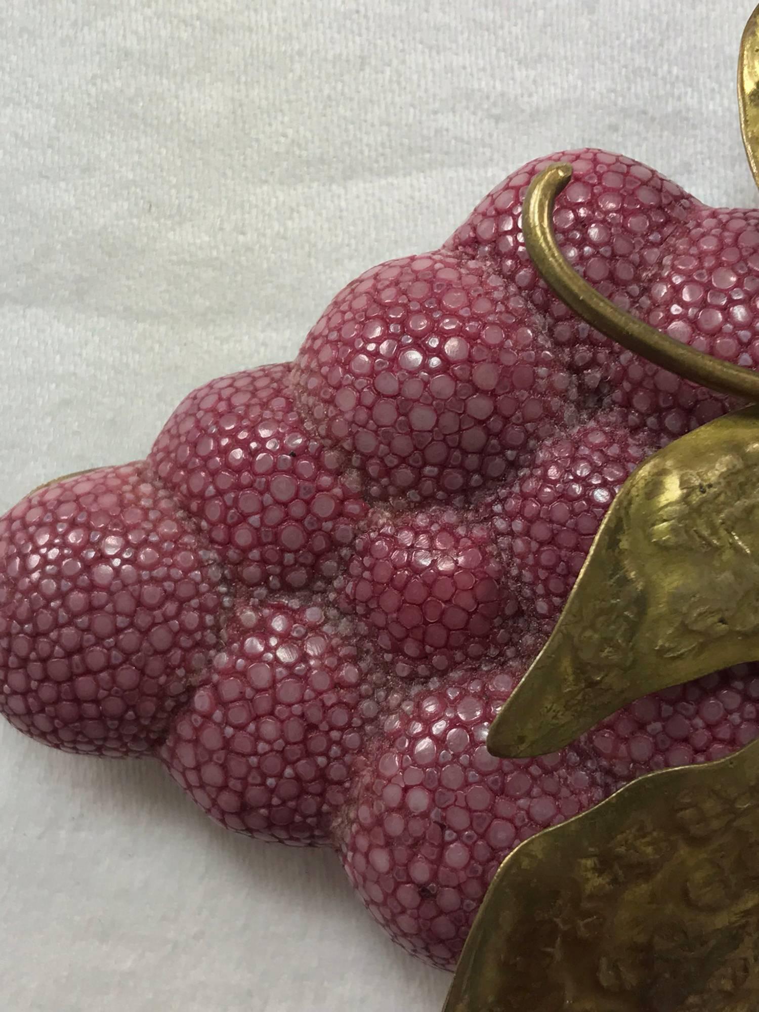 Women's or Men's Fabrice Paris Giant pink grapes with gold metal leaves brooch 