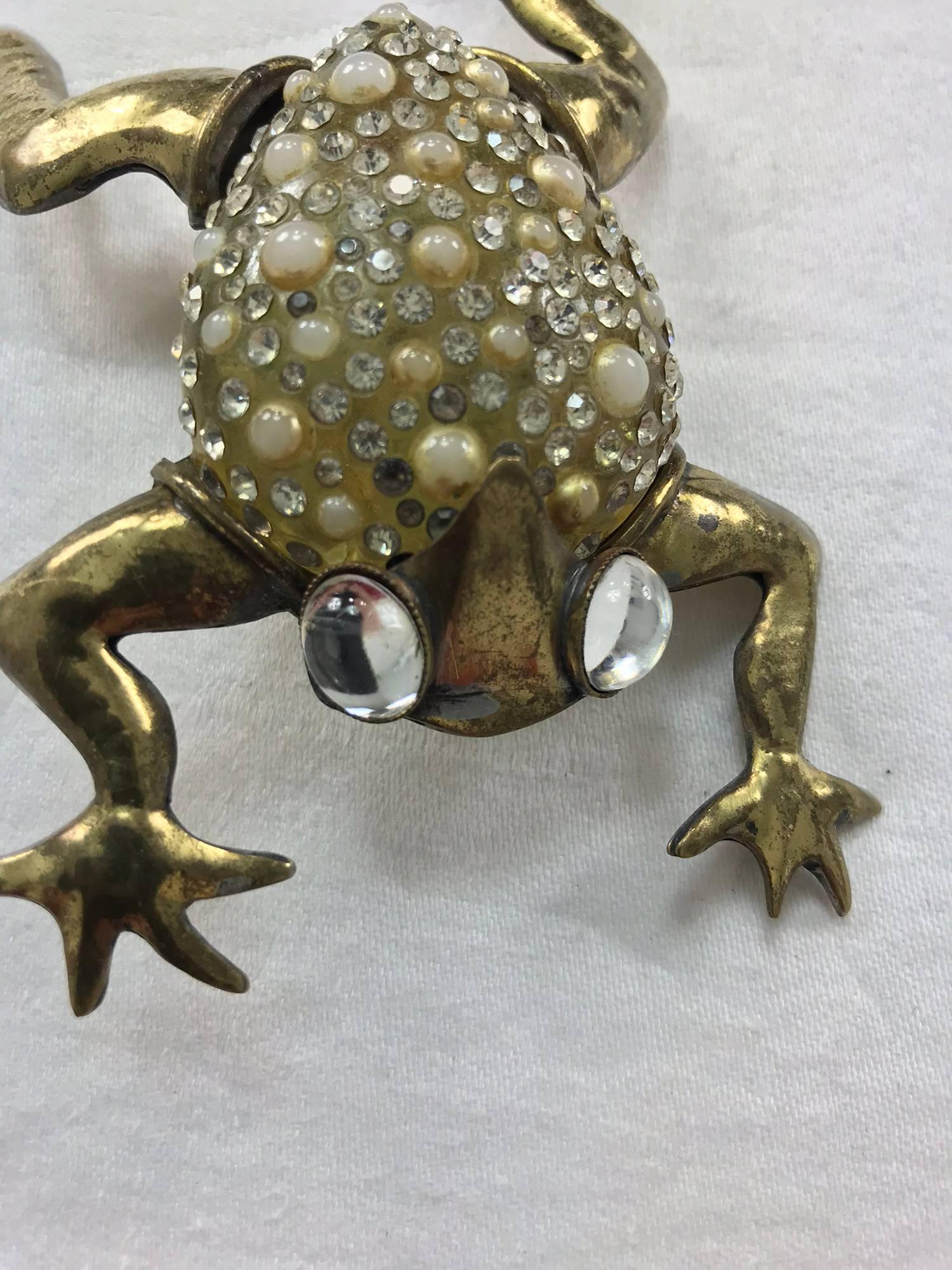 Fabrice Paris, huge frog pin the resin body is set with rhinestones and pearls, crystal eyes and  golden brass legs and arms, this pin is a large almost 5
