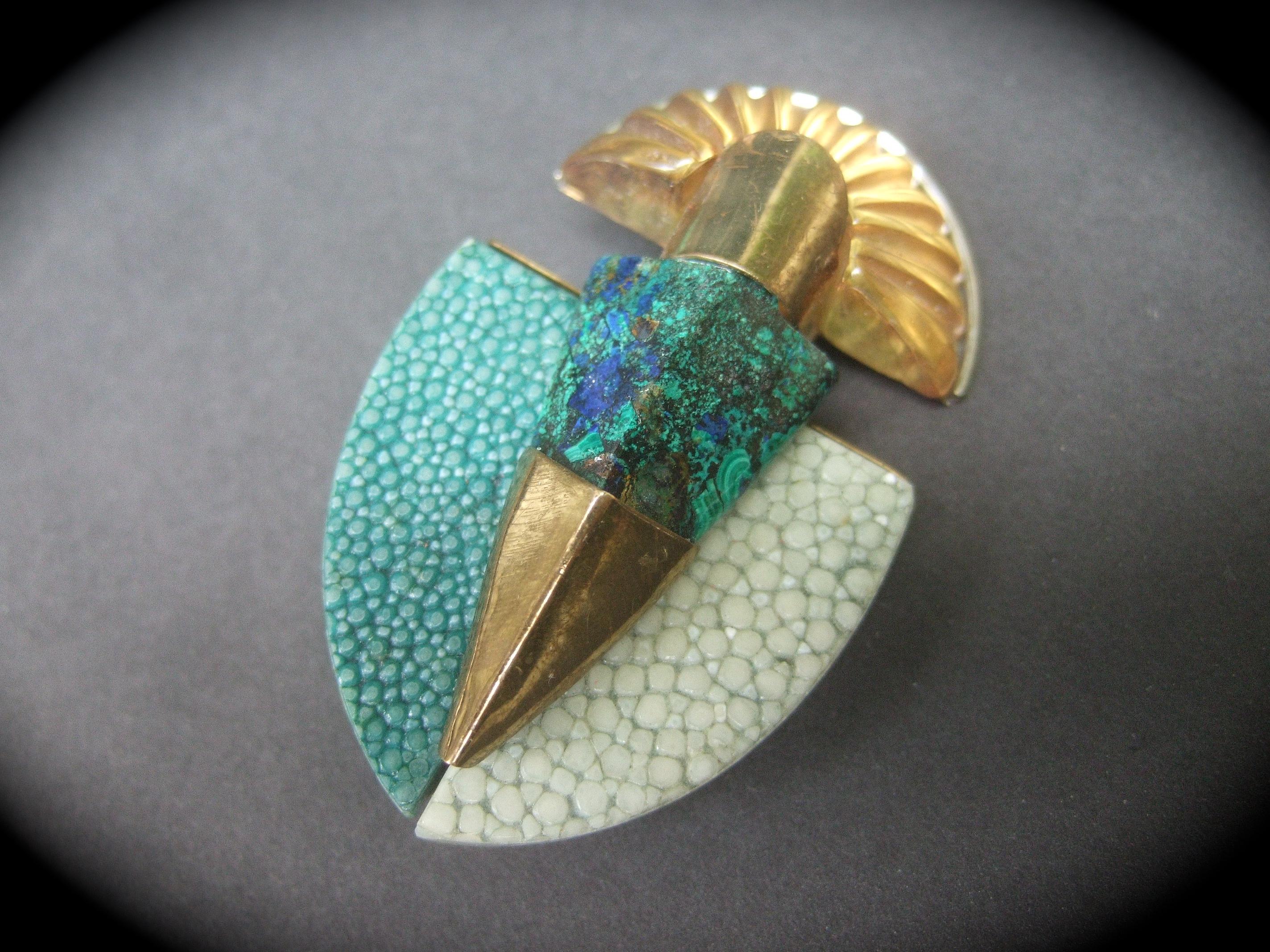 Fabrice Paris Malachite Stone & Resin Lucite Gilt Metal Brooch c 1970 In Good Condition In University City, MO