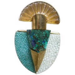 Fabrice Paris Malachite Stone & Resin Lucite Gilt Metal Brooch c 1970