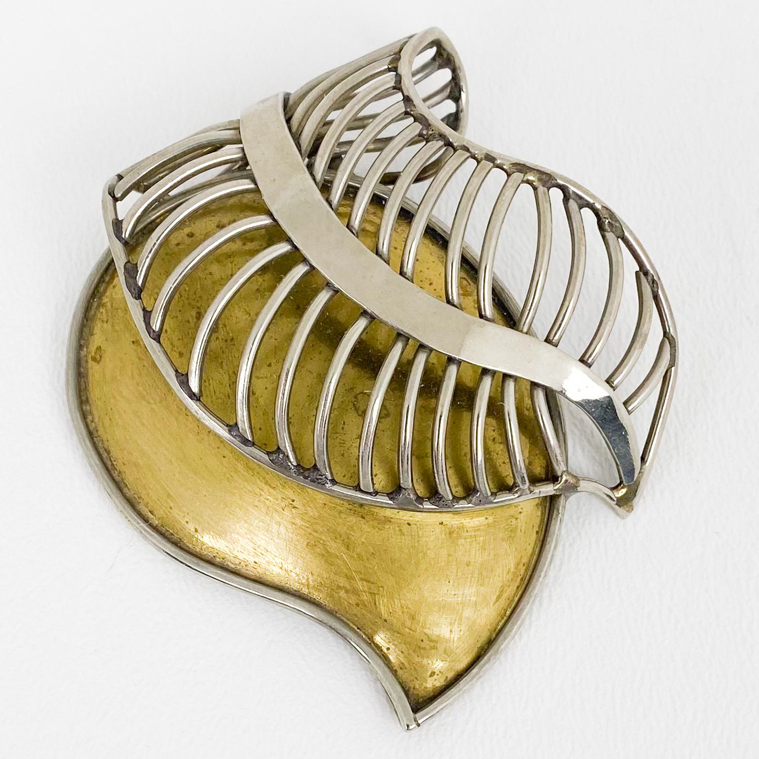Modern Fabrice Paris Floral Carved Brass and Chrome Brooch For Sale