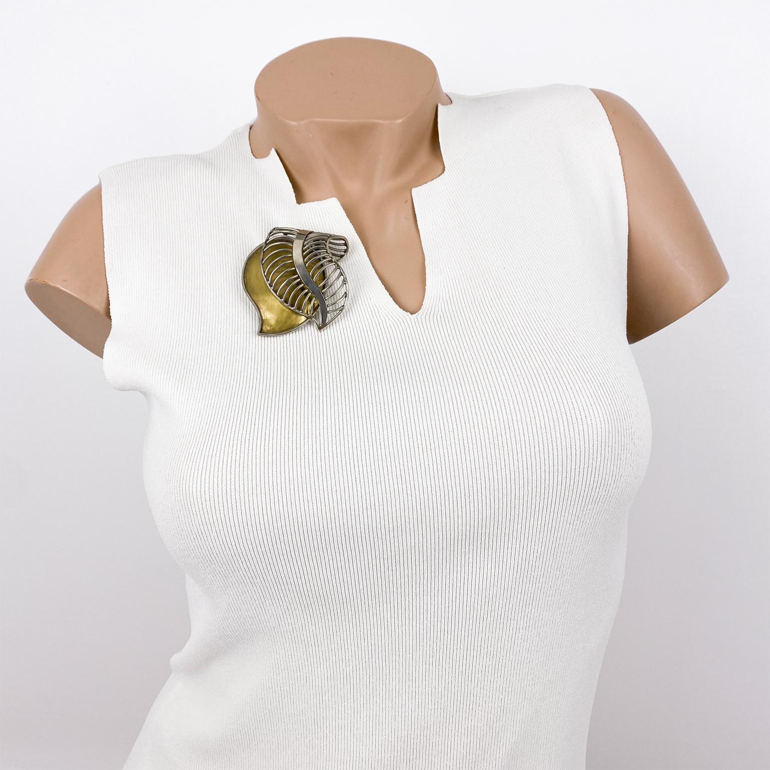 Fabrice Paris Floral Carved Brass and Chrome Brooch In Good Condition For Sale In Atlanta, GA
