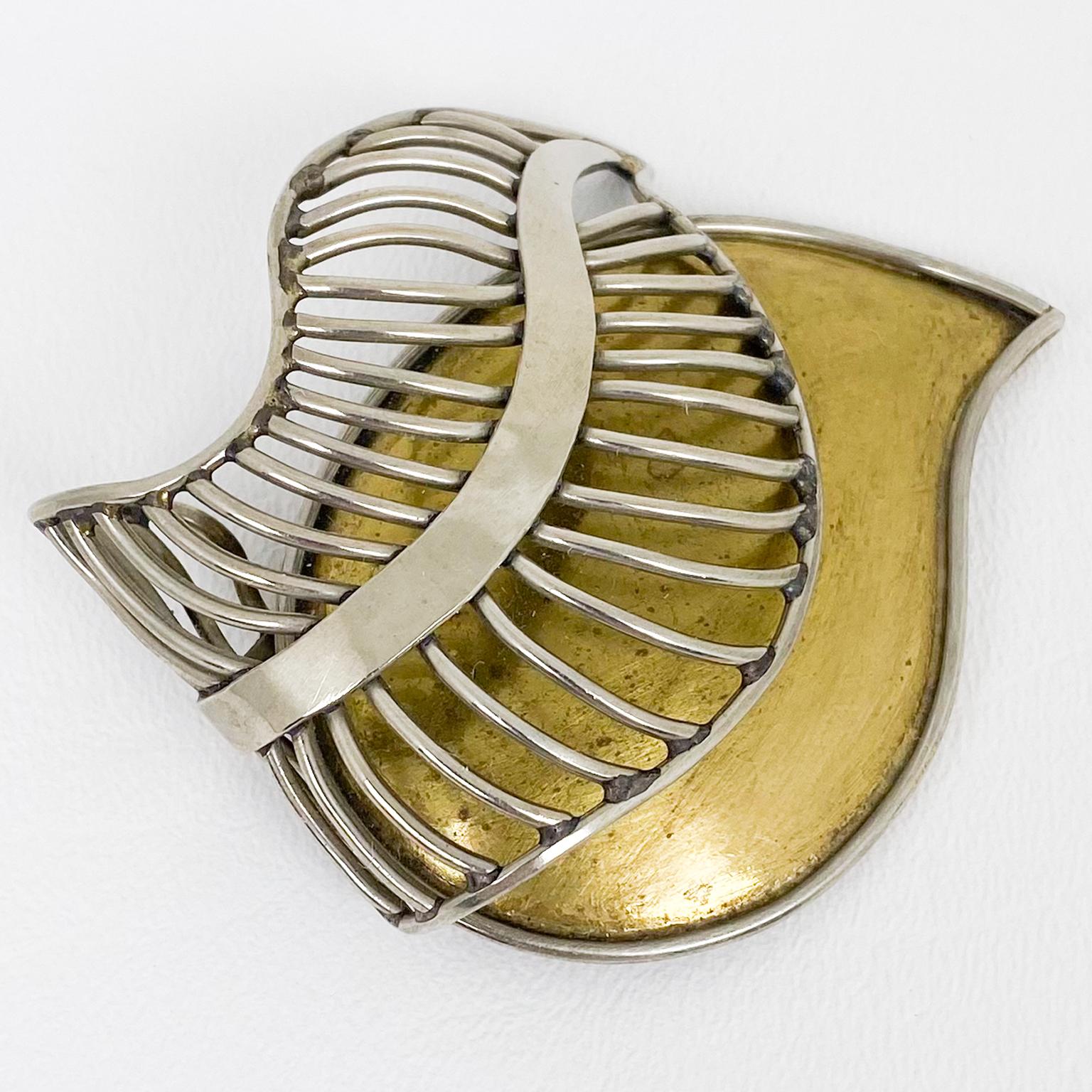 Women's Fabrice Paris Floral Carved Brass and Chrome Brooch For Sale