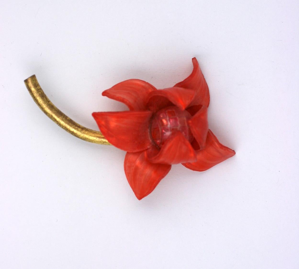 Fabrice, Paris striking reddish orange Resin Flower Brooch from the 1990's. Colorful resin is heated to form the petals of this hand made brooch with gilt resin stem.  Signed Fabrice. France 1990's. 
4.5