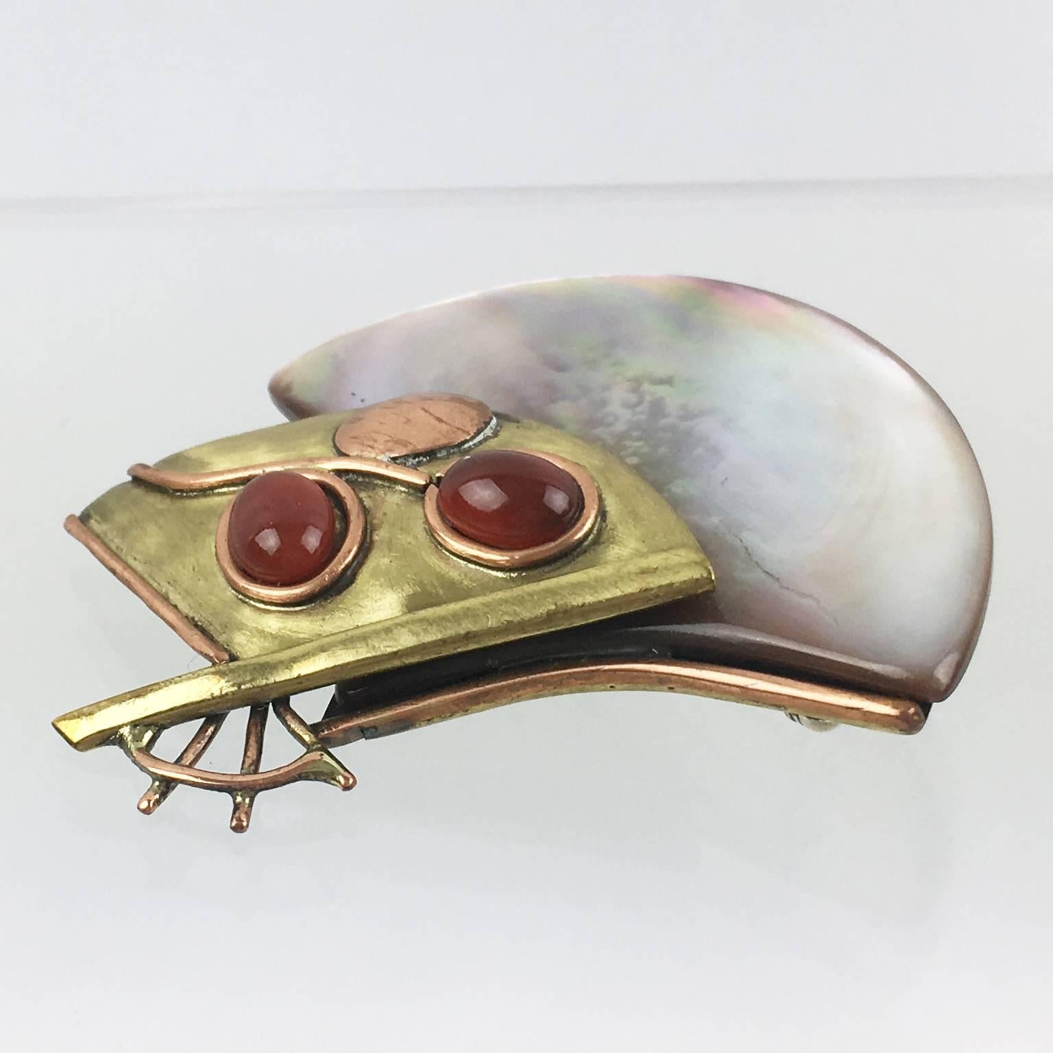 Art Deco Fabrice Paris Signed Pin Brooch Fan Modernist Design Mother of Pearl & Brass