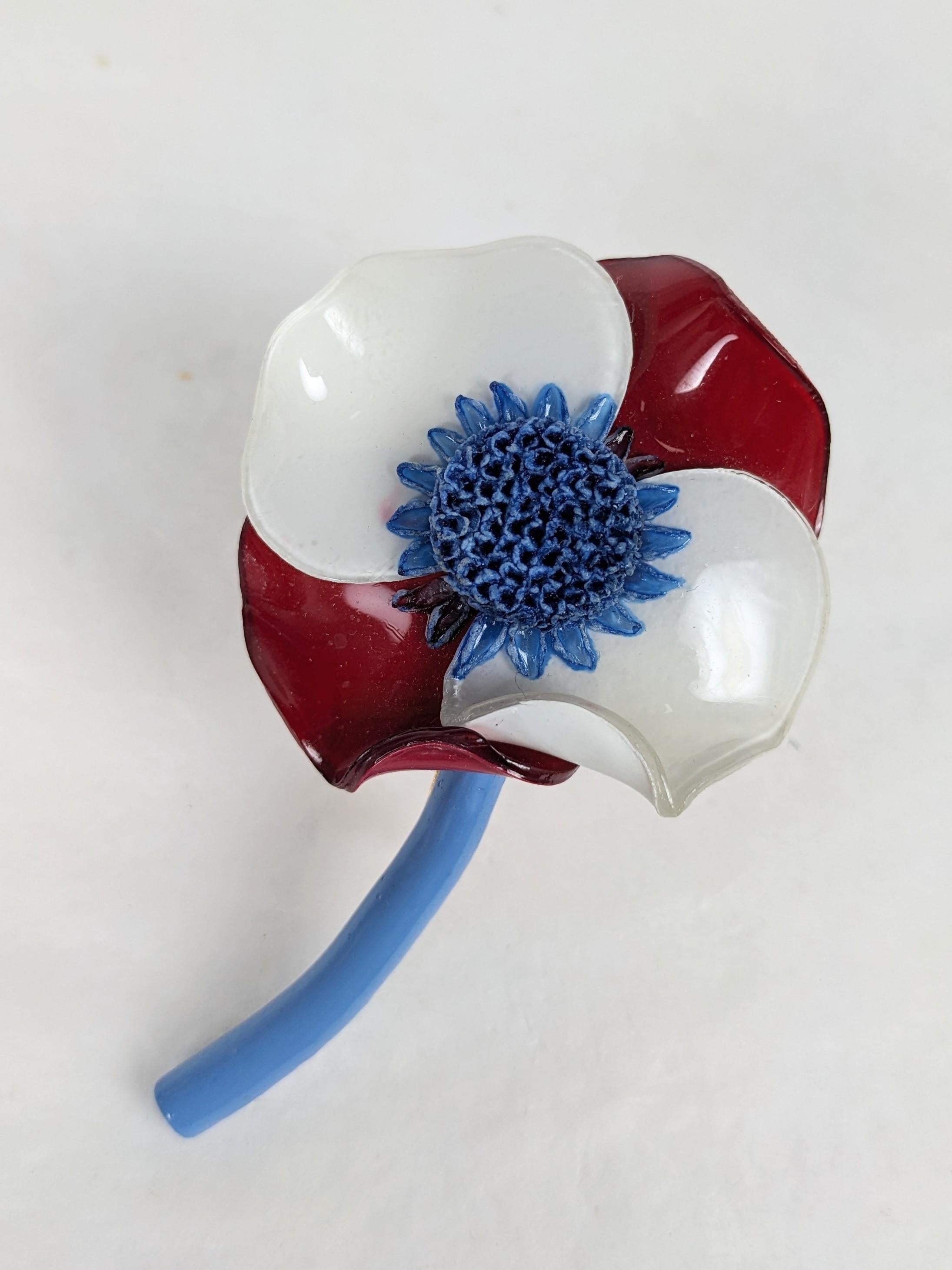 Fabrice Patriotic Flower Brooch of colored resins with hand formed petals, stamens and stem. Signed Fabrice Paris. 
1990's France. 3