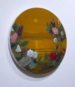 Death to Nostalgia (2021), oil on round canvas, flowers, waterscape, skyscape