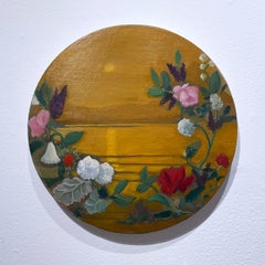 Death to Nostalgia (2021), oil on round canvas, flowers, waterscape, skyscape