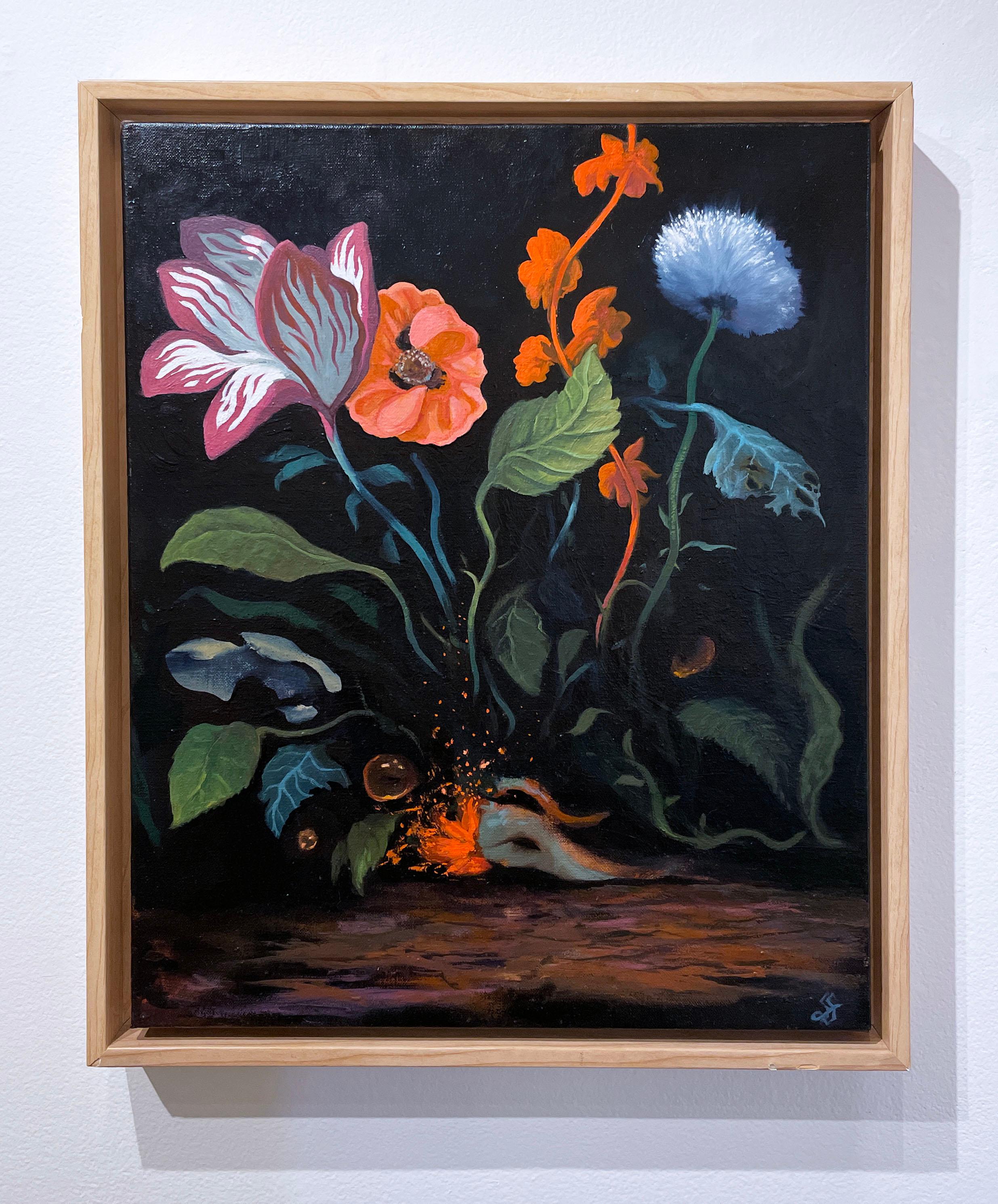 Flora Carnivora (2021), olio su lino, paesaggio scuro, fiori, giardino, notte - Painting di Fabricio Suarez