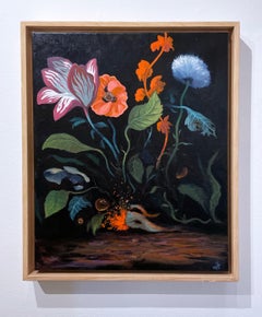 Flora Carnivora (2021), oil on linen, dark landscape, flowers, garden, night