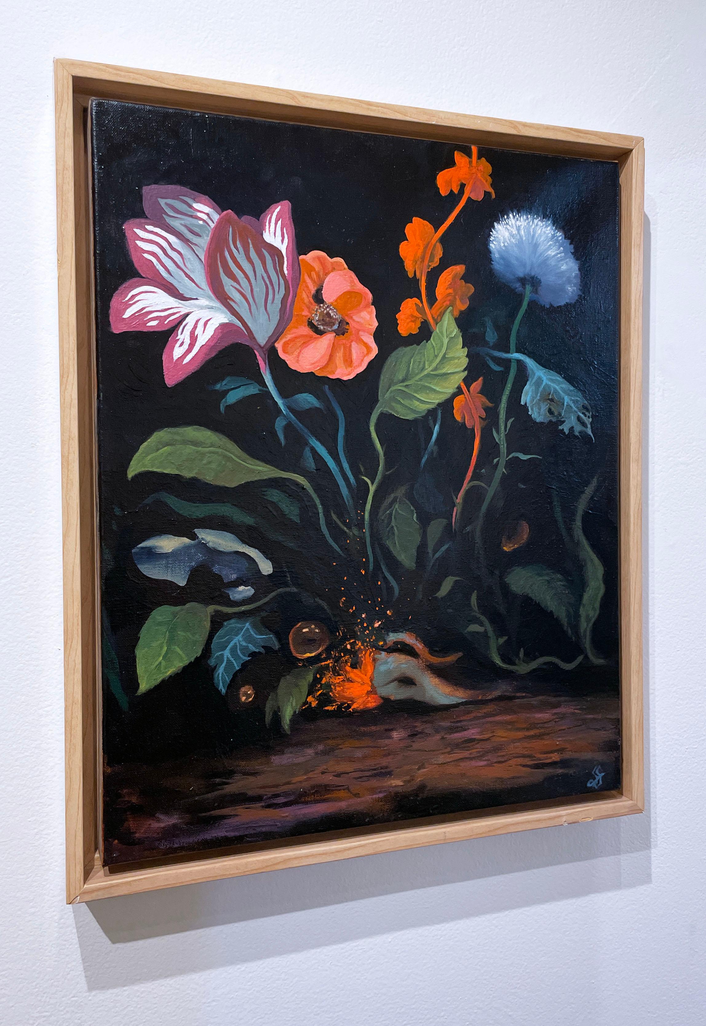 Carnivora (2021), Öl auf Leinen, dunkle Landschaft, Blumen, Garten, Nacht (Zeitgenössisch), Painting, von Fabricio Suarez