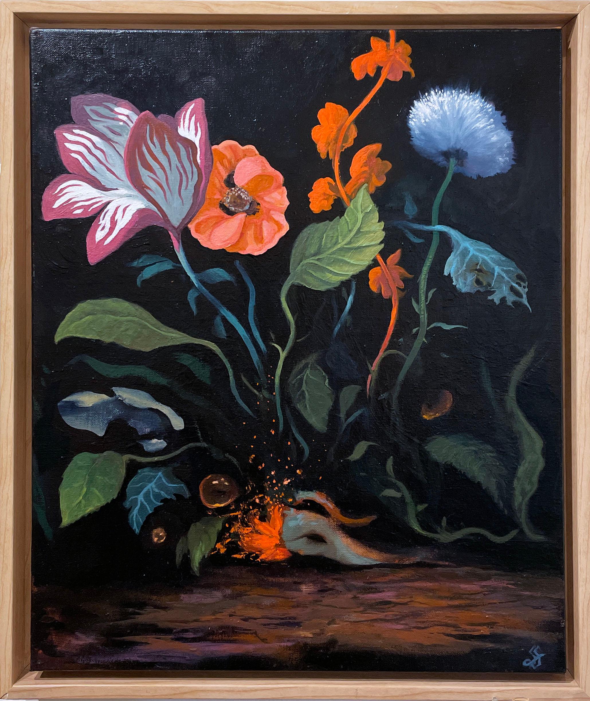 Carnivora (2021), Öl auf Leinen, dunkle Landschaft, Blumen, Garten, Nacht (Schwarz), Landscape Painting, von Fabricio Suarez