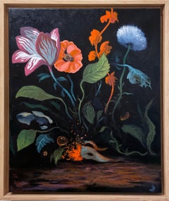 Flora Carnivora (2021), huile sur lin, paysage sombre, fleurs, jardin, nuit