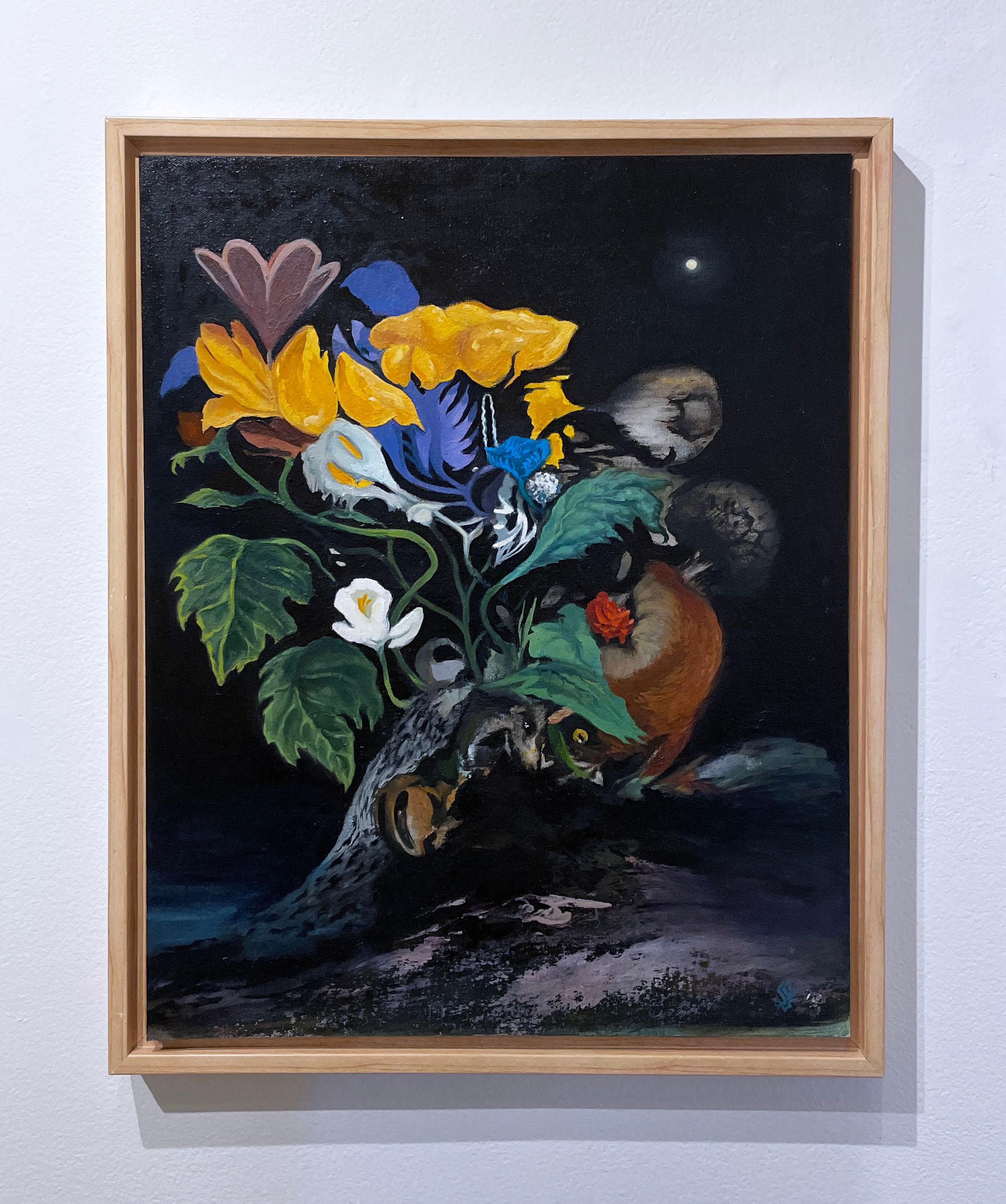 Fox Hunt (2021), oil on canvas, dark landscape, flowers, garden, floral, night - Painting by Fabricio Suarez