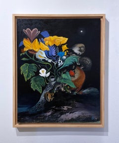 Fox Hunt (2021), oil on canvas, dark landscape, flowers, garden, floral, night