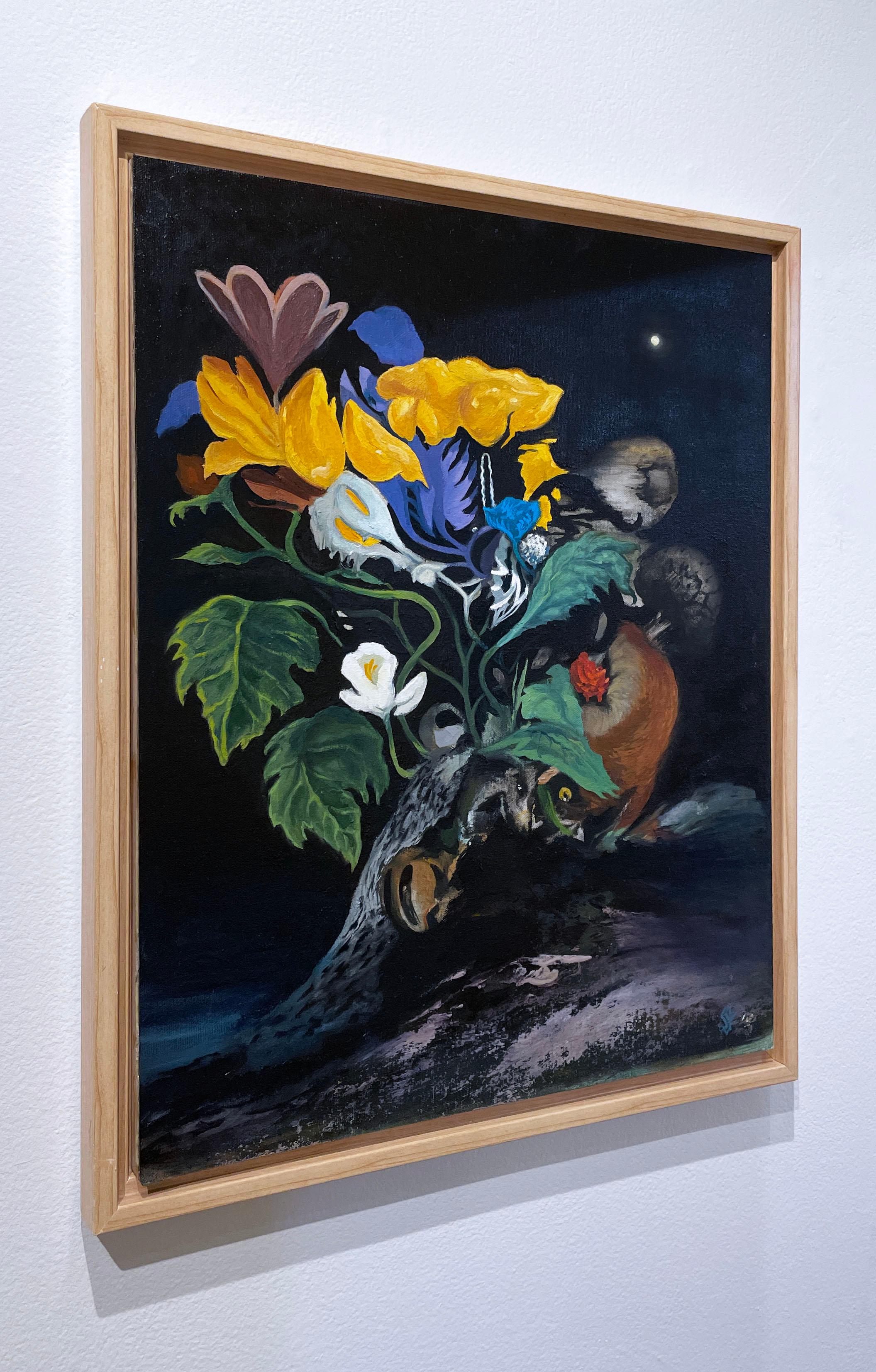Fox Hunt (2021), Öl auf Leinwand, dunkle Landschaft, Blumen, Garten, Blumen, Nacht (Zeitgenössisch), Painting, von Fabricio Suarez