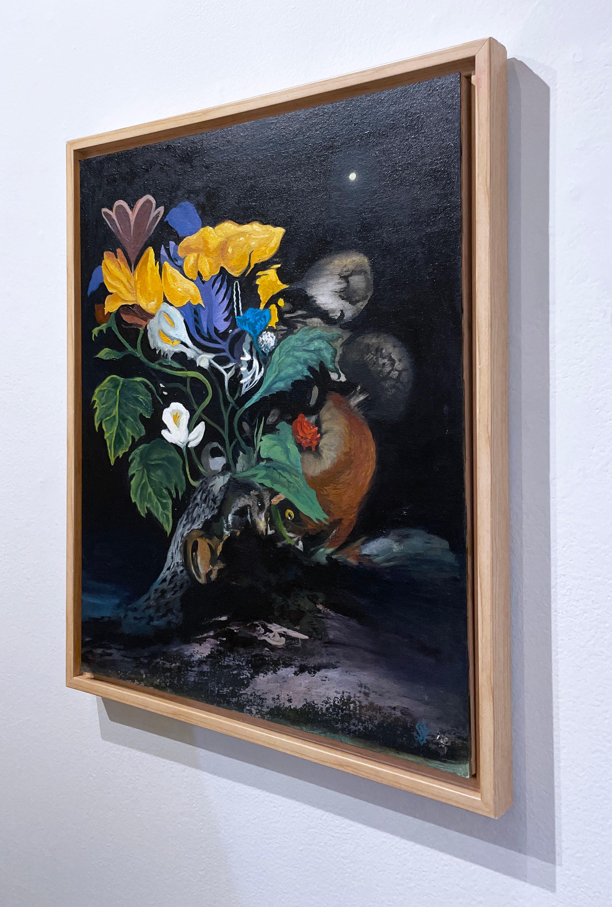Fox Hunt (2021), oil on canvas, dark landscape, flowers, garden, floral, night - Contemporary Painting by Fabricio Suarez