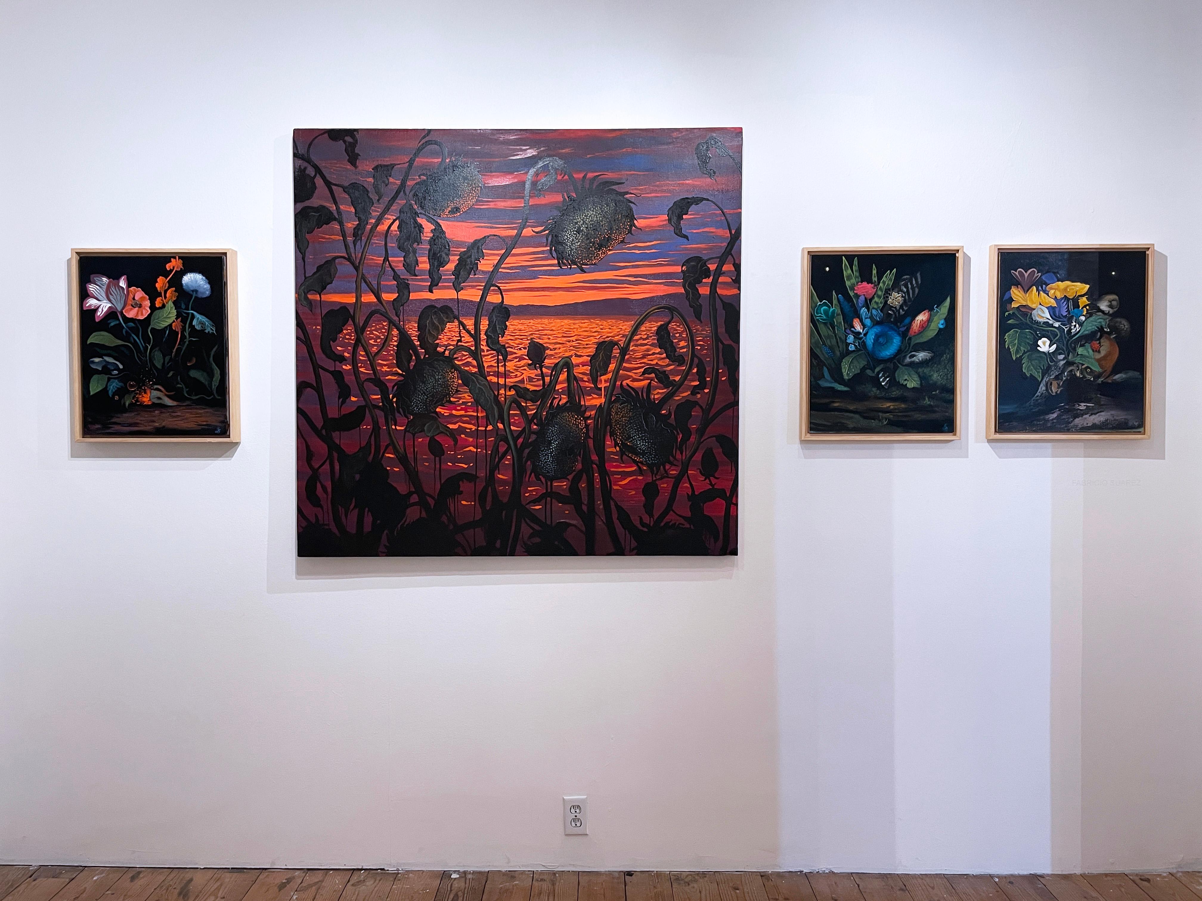 Fox Hunt (2021), oil on canvas, dark landscape, flowers, garden, floral, night - Black Landscape Painting by Fabricio Suarez