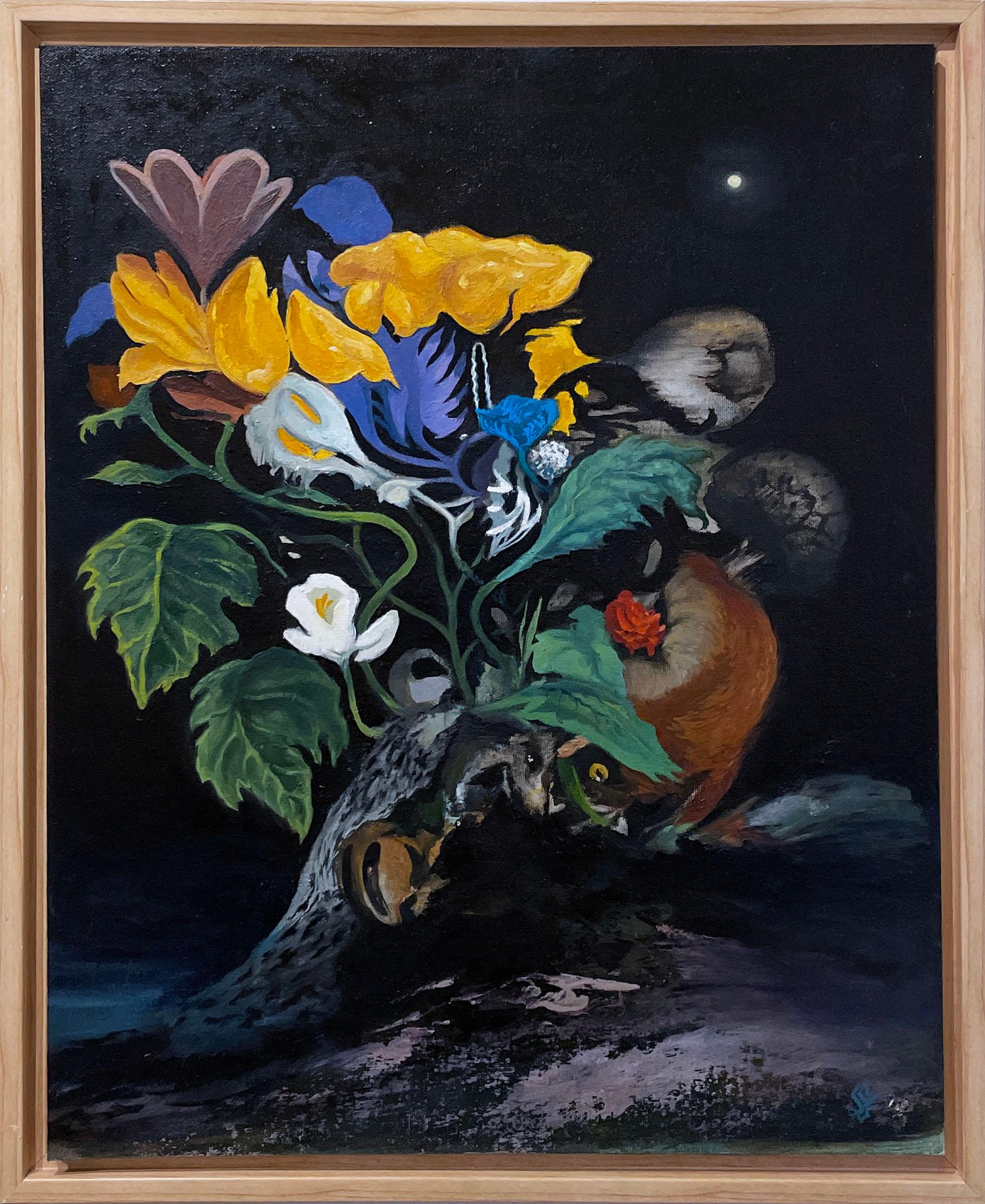 Fabricio Suarez Landscape Painting - Fox Hunt (2021), oil on canvas, dark landscape, flowers, garden, floral, night