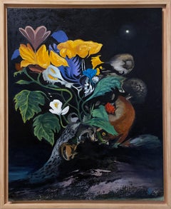 Fox Hunt (2021), oil on canvas, dark landscape, flowers, garden, floral, night