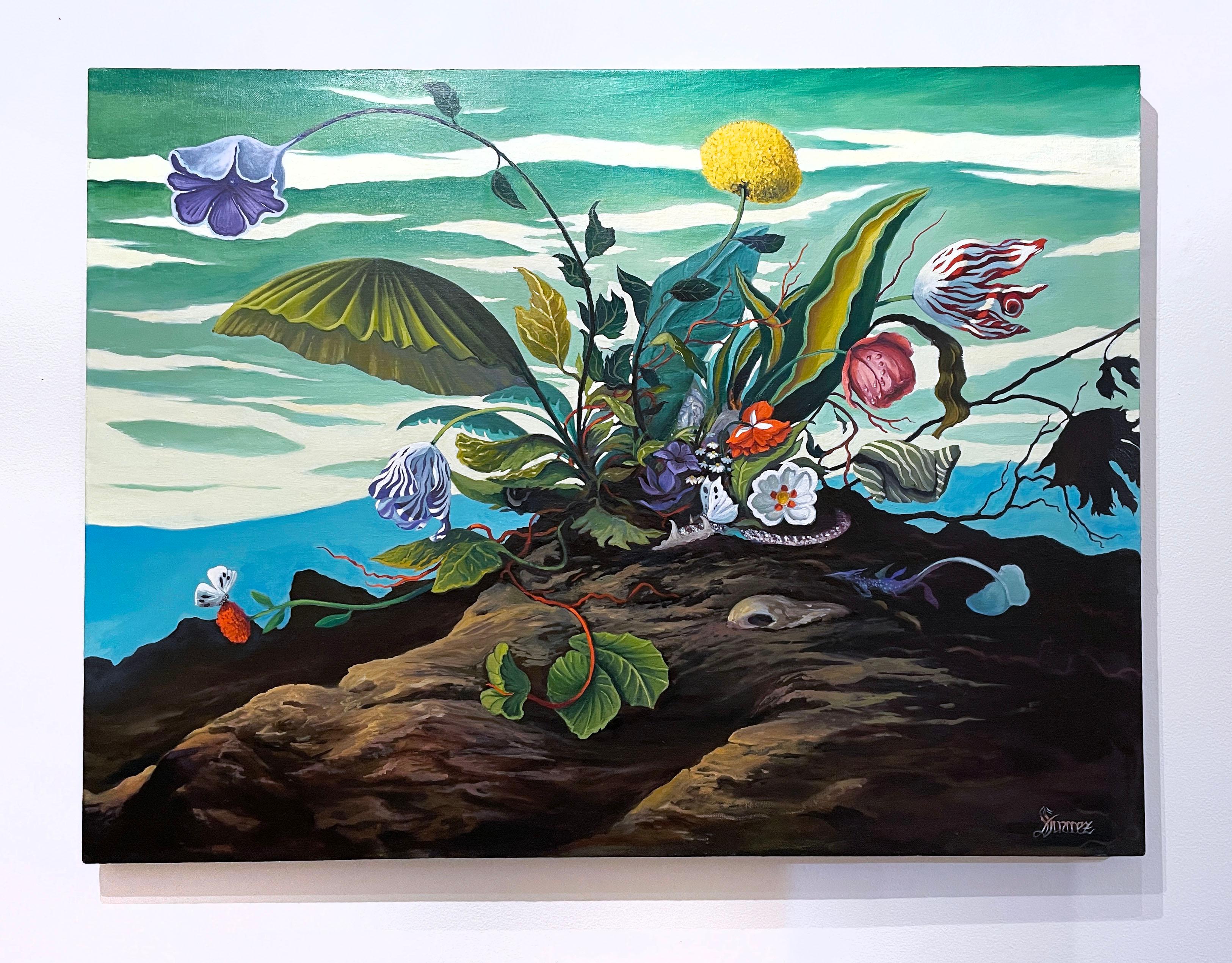 Invoking Medusa (2021), Öl auf Leinen, Landschaft, Himmelslandschaft, Blumen, Garten – Painting von Fabricio Suarez