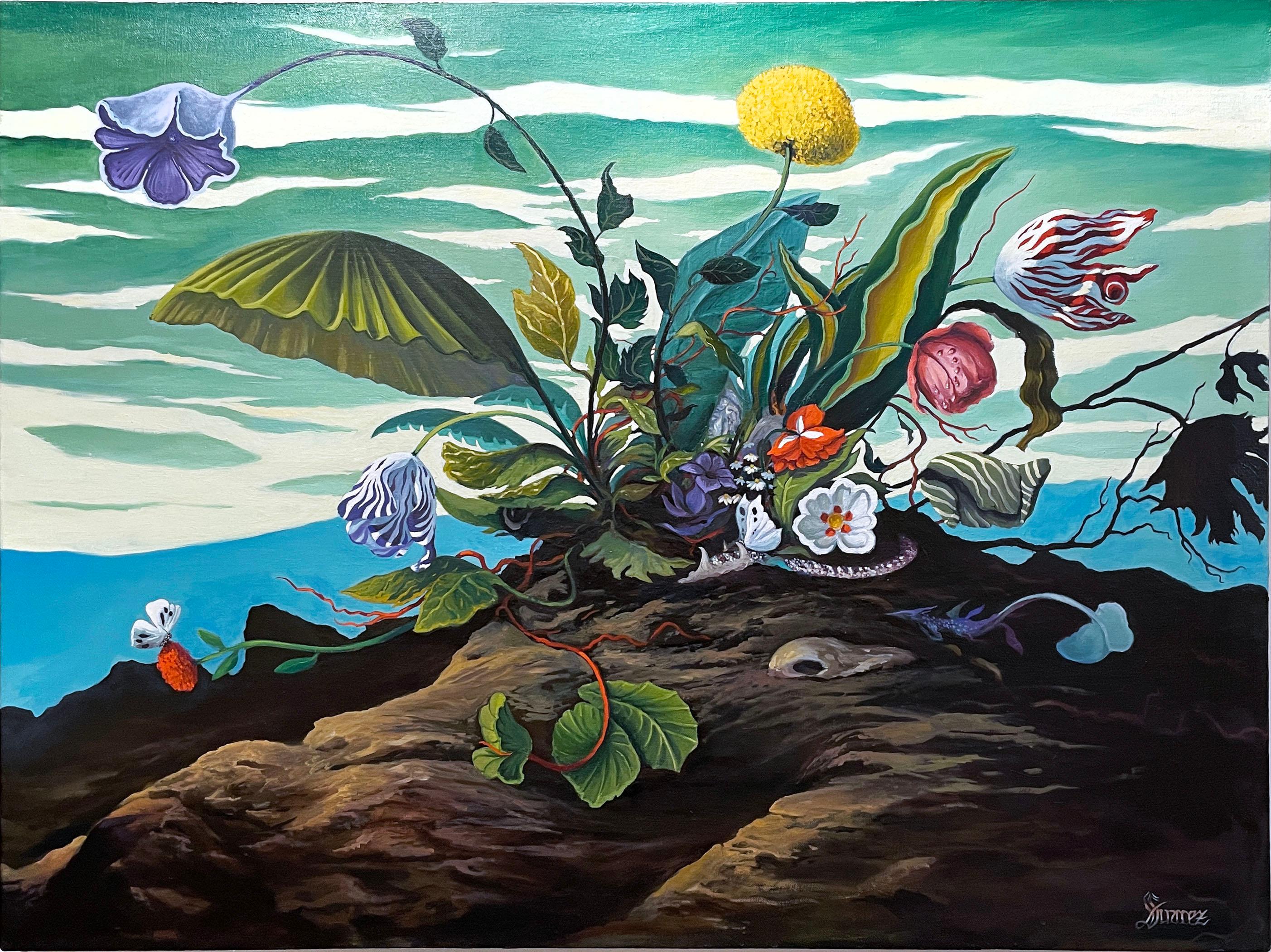Invoking Medusa (2021), Öl auf Leinen, Landschaft, Himmelslandschaft, Blumen, Garten (Schwarz), Landscape Painting, von Fabricio Suarez
