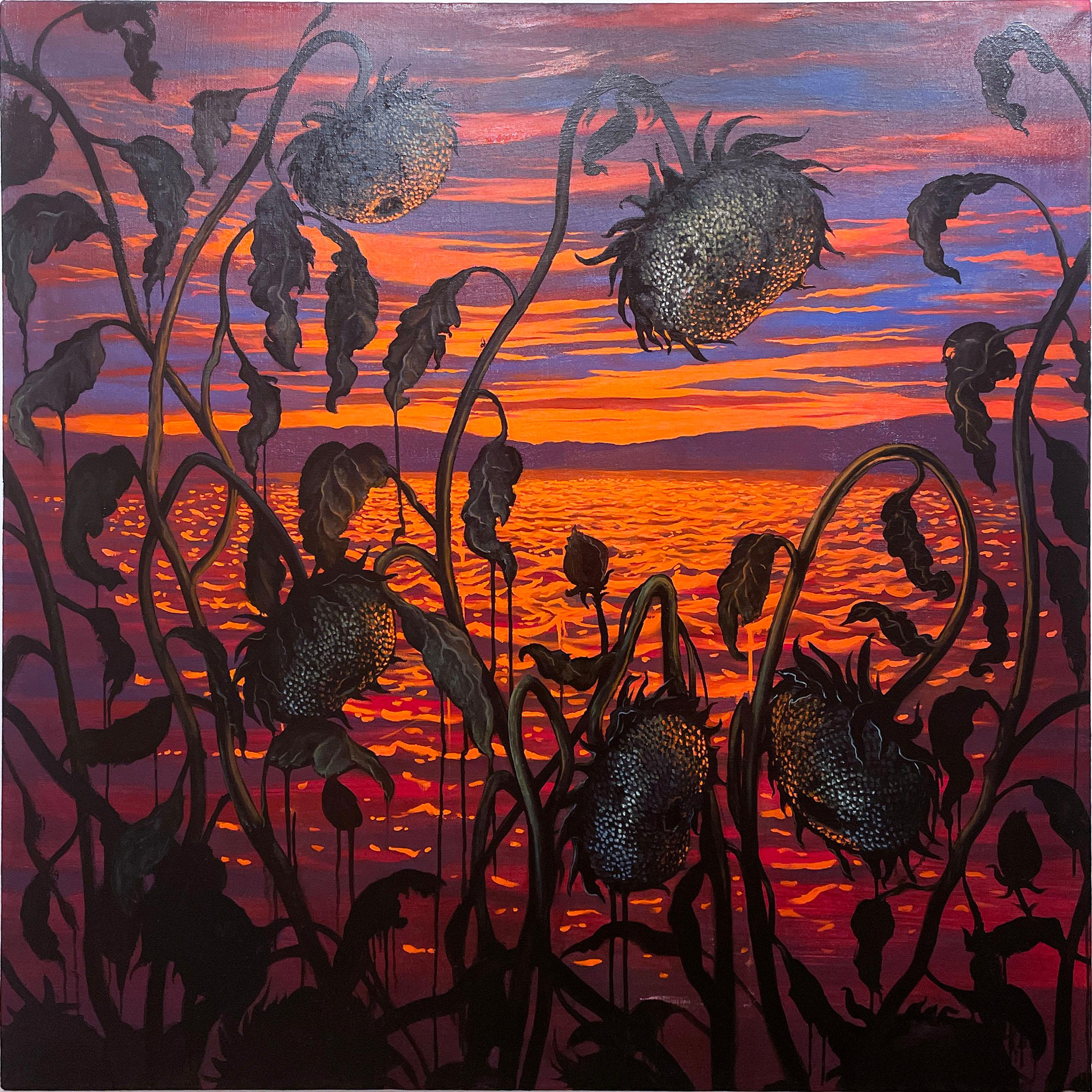 Old Gods Almost Dead (2021), oil on linen, waterscape, skyscape, sunflowers  For Sale 3