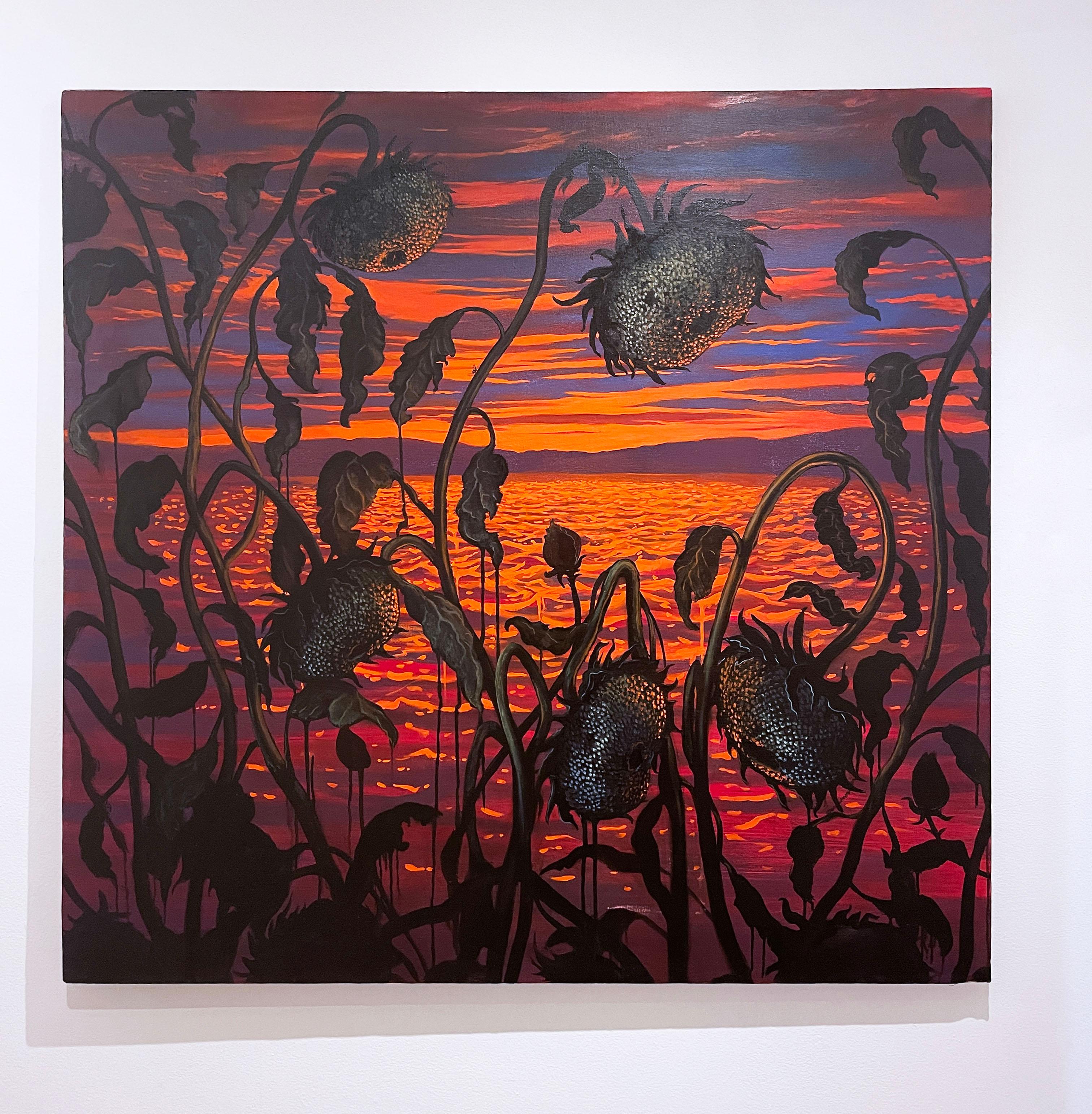 Old Gods Almost Dead (2021), Öl auf Leinen, Wasserlandschaft, Himmelslandschaft, Sonnenblumen  – Painting von Fabricio Suarez