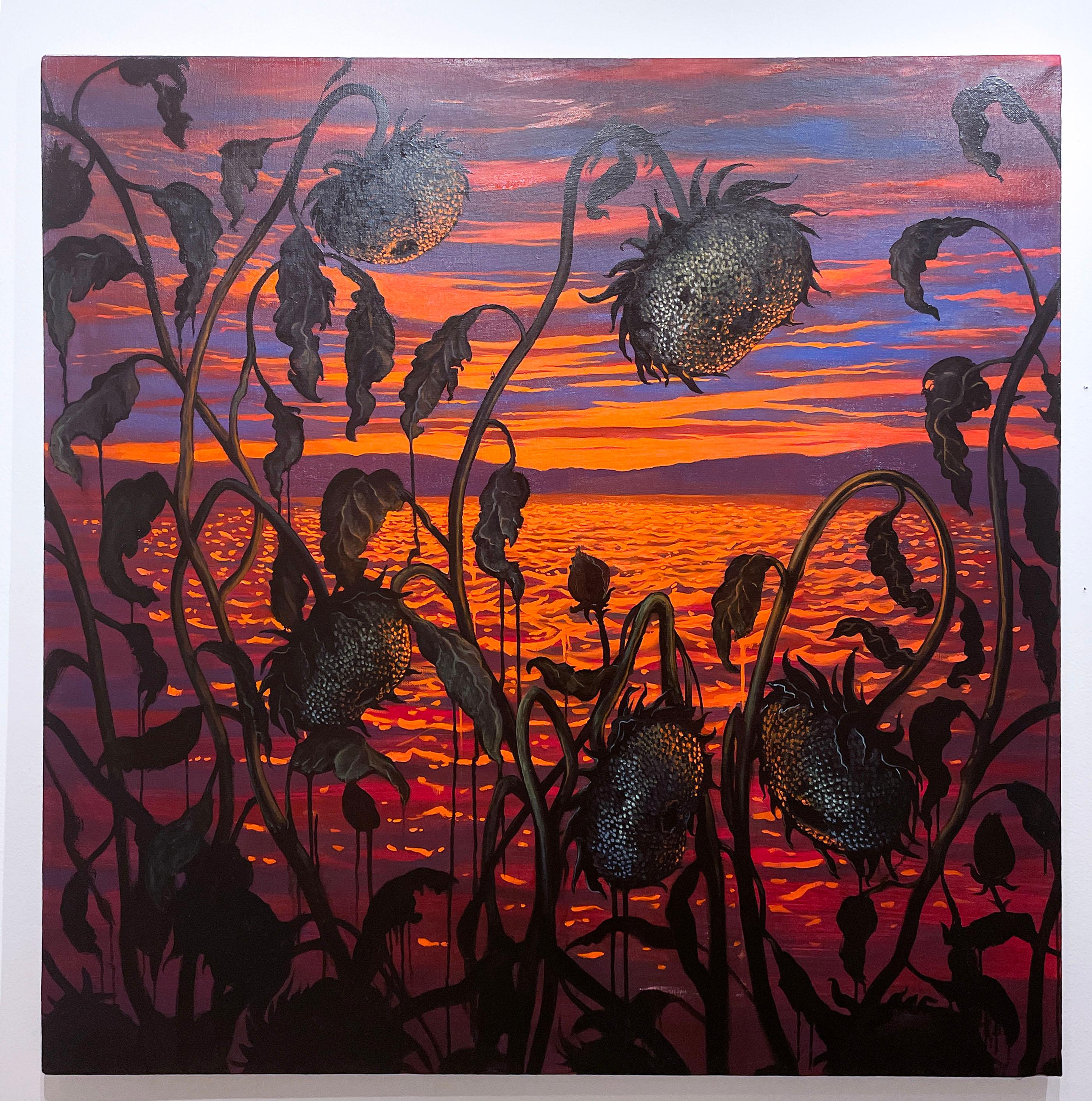 Old Gods Almost Dead (2021), oil on linen, waterscape, skyscape, sunflowers For Sale 1