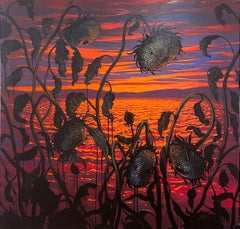 Les vieux dieux presque morts (2021), huile sur lin, paysage aquatique, paysage ciel, tournesols et tournesols