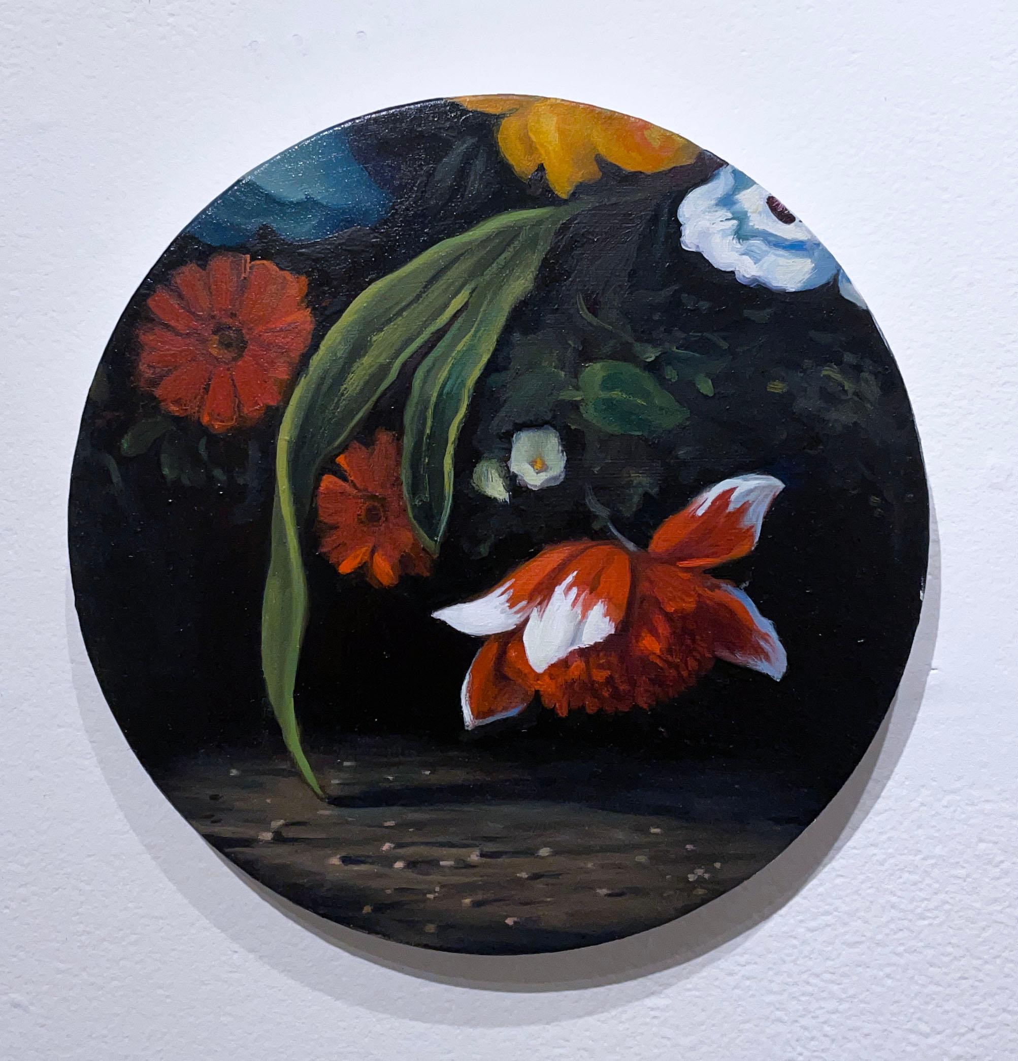 Fabricio Suarez The Creation (2021), oil on round canvas, flowers