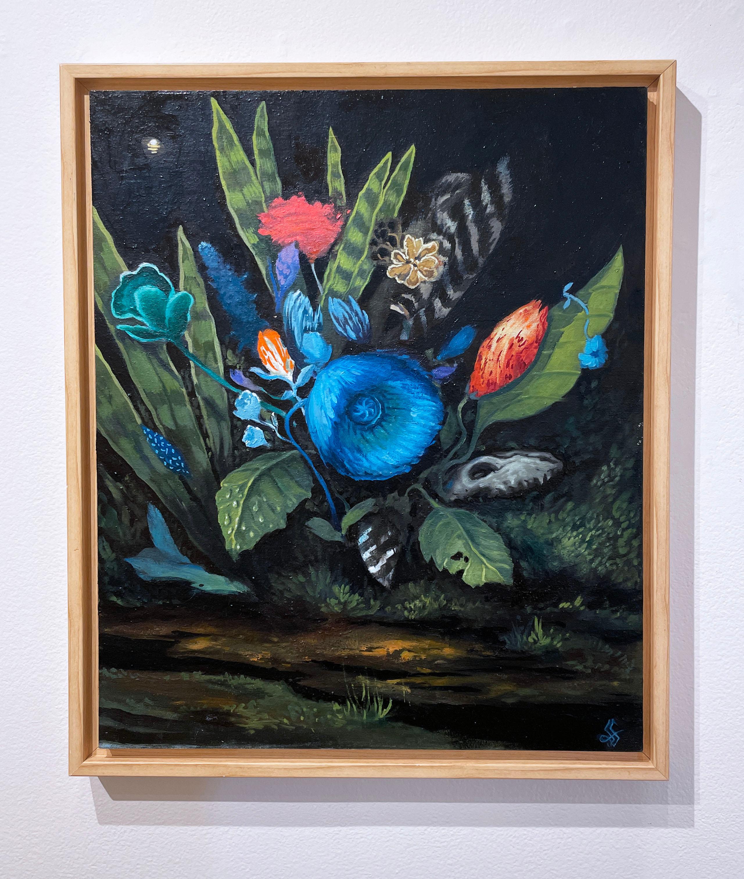 What Lies Beneath (2021), Öl auf Leinen, dunkle Landschaft, Blumen, Garten, Nacht – Painting von Fabricio Suarez