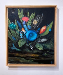 What Lies Beneath (2021), oil on linen, dark landscape, flowers, garden, night