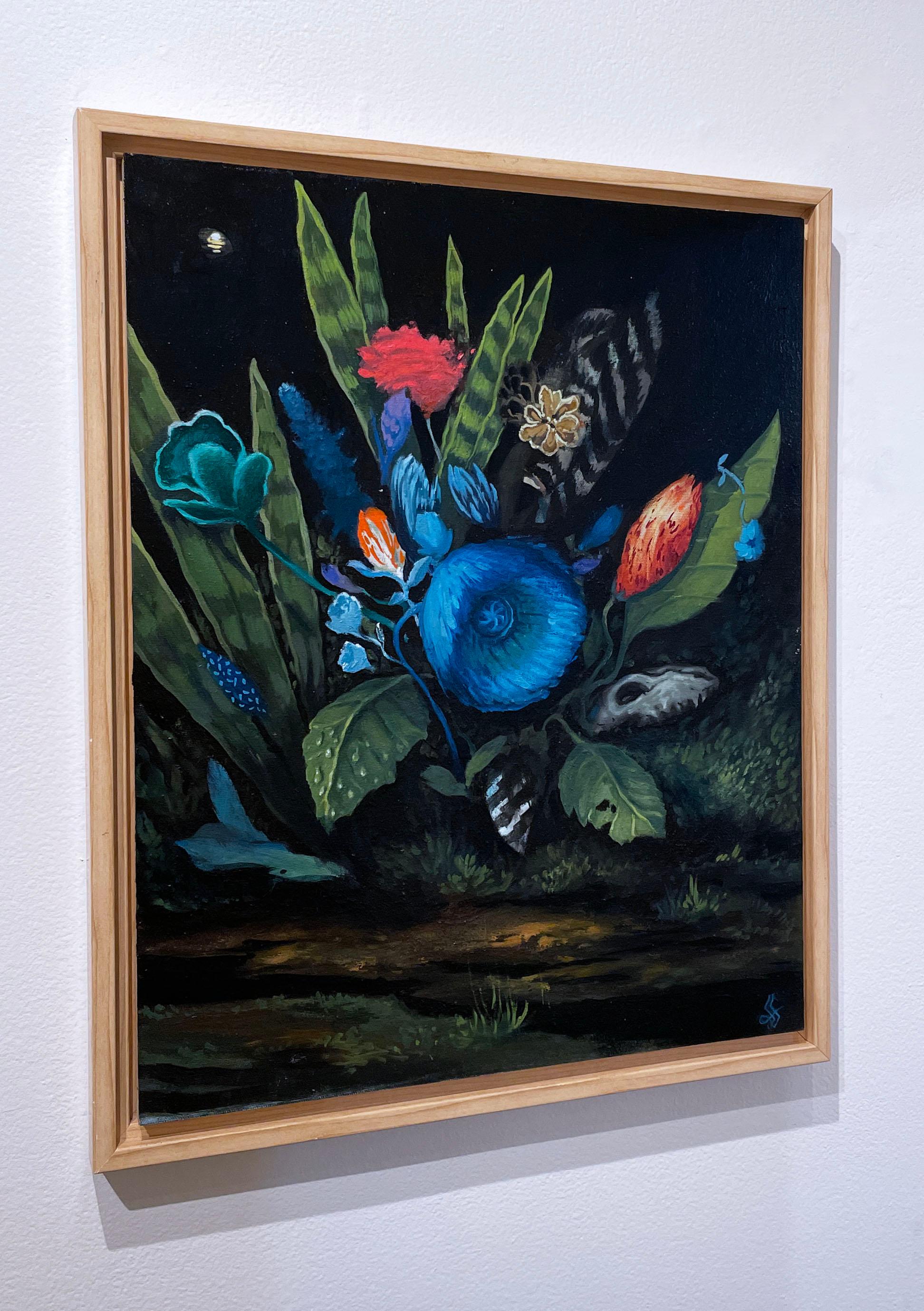 What Lies Beneath (2021), Öl auf Leinen, dunkle Landschaft, Blumen, Garten, Nacht (Zeitgenössisch), Painting, von Fabricio Suarez
