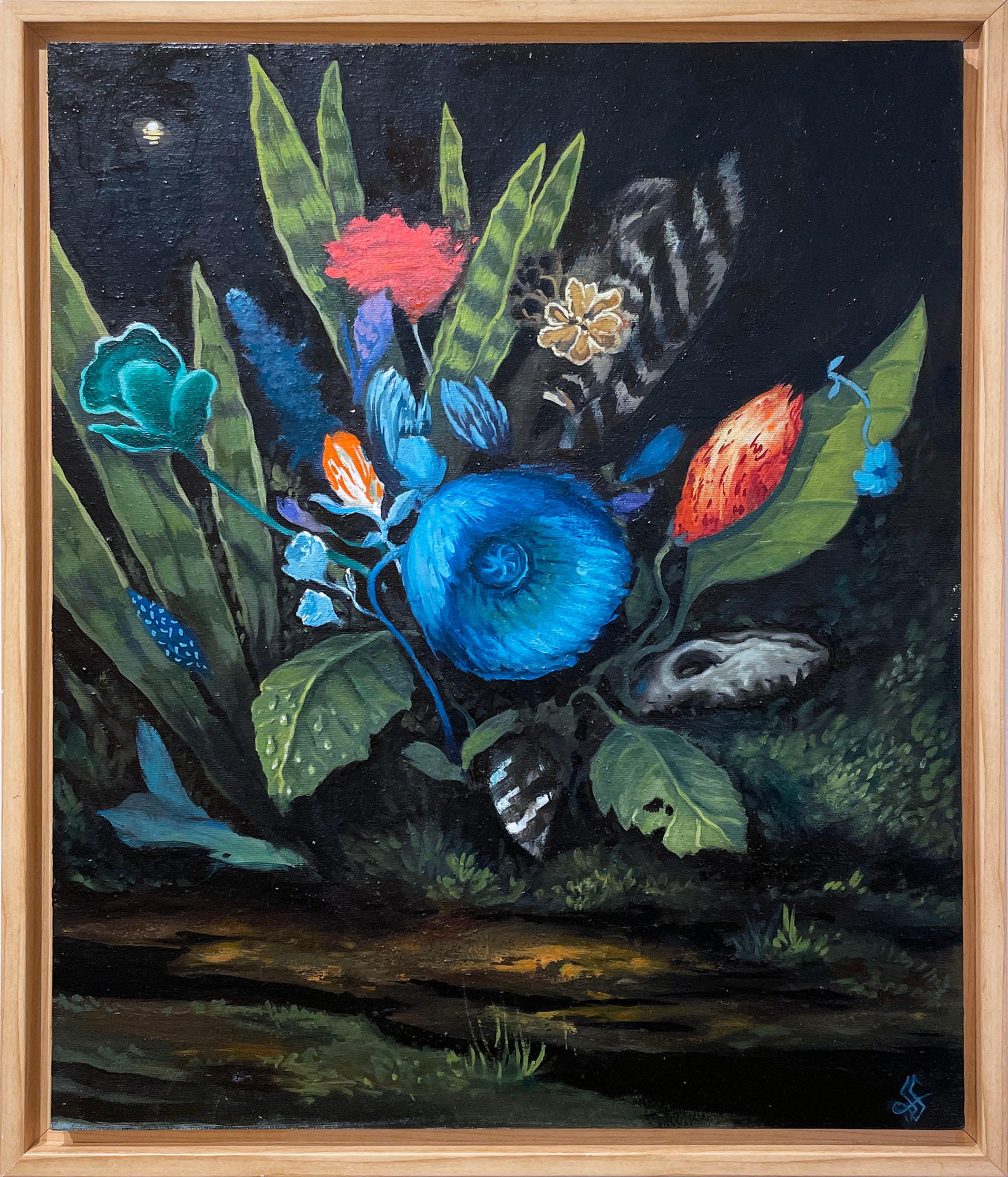 Fabricio Suarez Landscape Painting – What Lies Beneath (2021), Öl auf Leinen, dunkle Landschaft, Blumen, Garten, Nacht