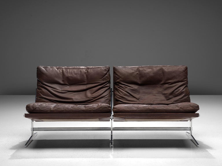 Fabricius and Kastholm Brown Leather Sofa with Steel Frame For Sale at