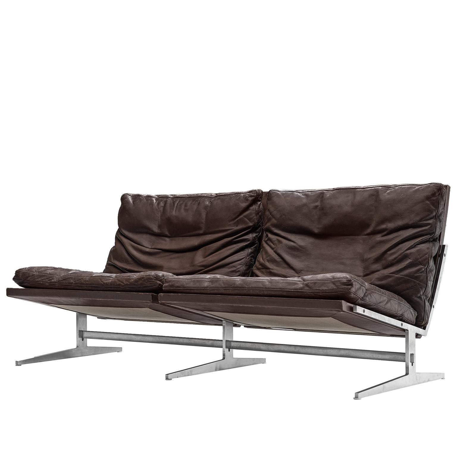 Fabricius and Kastholm Brown Leather Sofa with Steel Frame