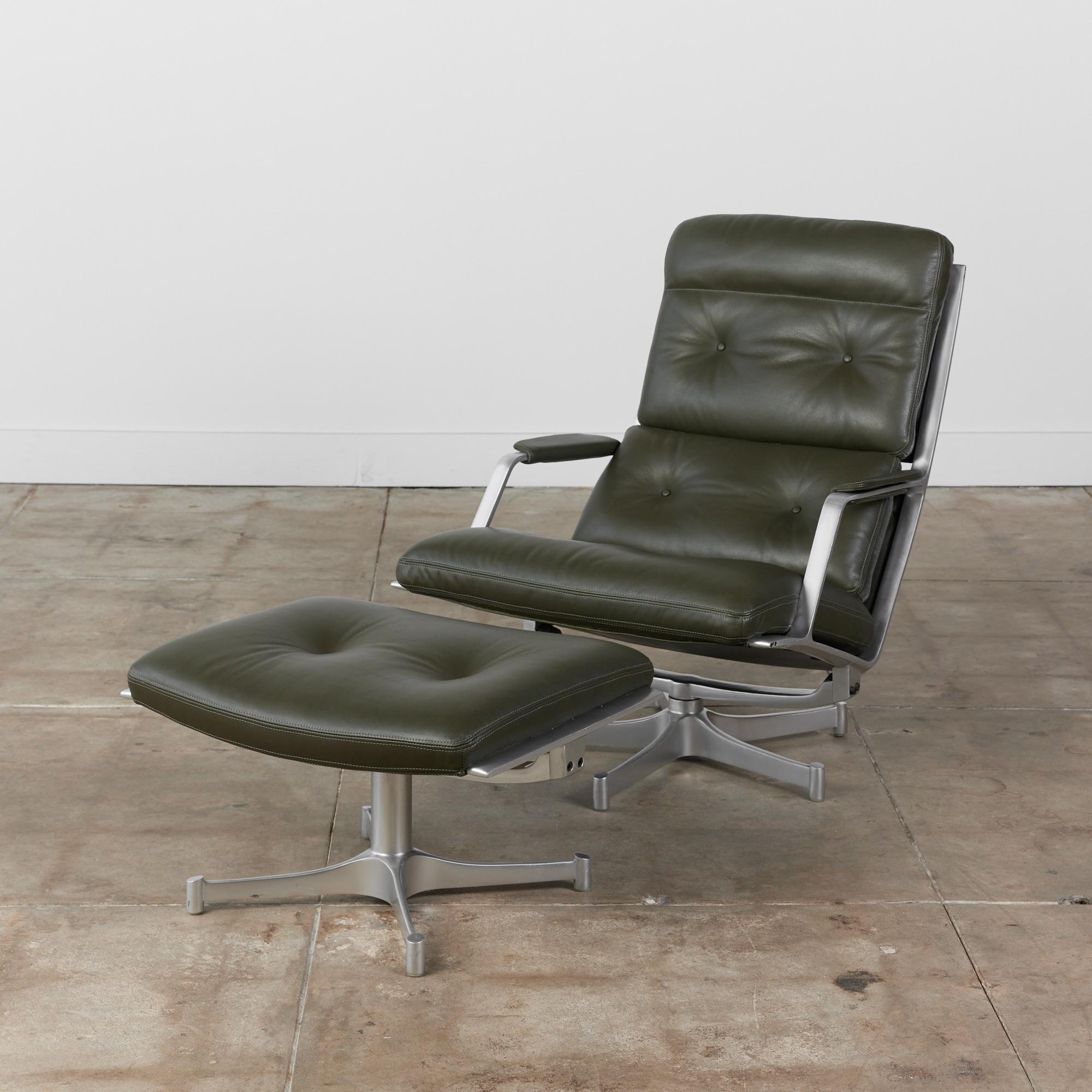 FK85 lounge chair and ottoman by Danish design duo, Preben Fabricius and Jørgen Kastholm, c. 1960s, Germany. The swivel lounge chair and fixed ottoman features a chrome plated steel frame, with new leather upholstery.

Dimensions
Chair: 29