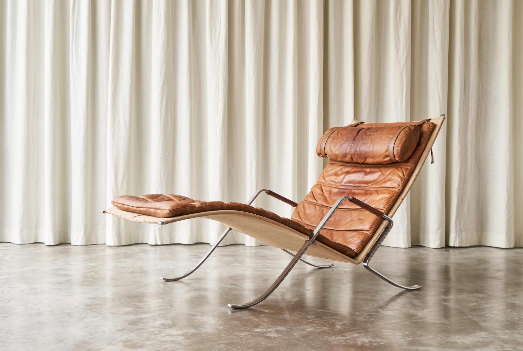 Fabricius & Kastholm FK87 in Patinated Cognac Leather, Alfred Kill production, 1960s.

This highly rare lounge chair model ‘FK87’ is one of the most remarkable designs by Preben Fabricius & Jørgen Kastholm, for Kill International, 1960s. It is an