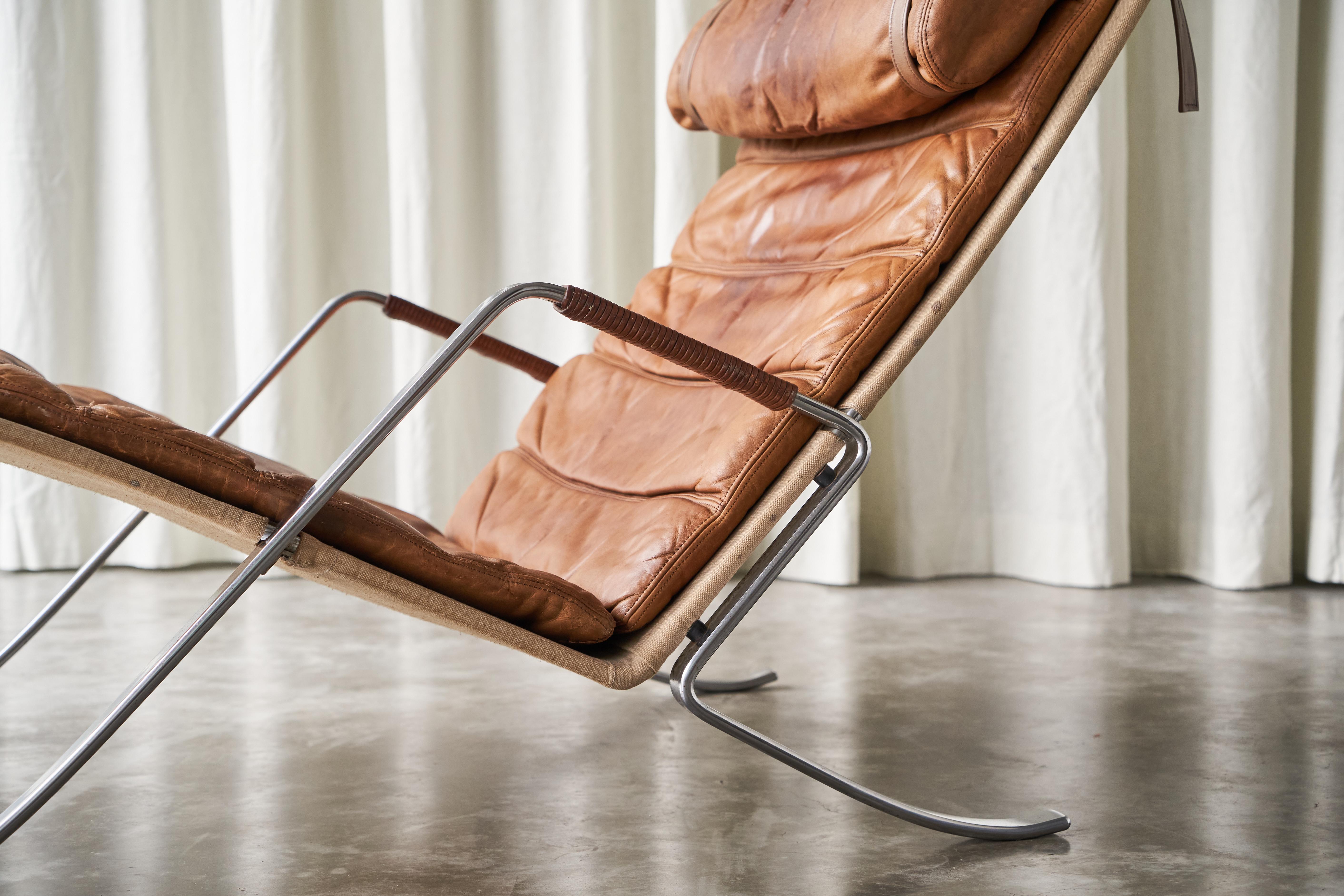 Stainless Steel Fabricius & Kastholm FK87 Lounge Chair in Patinated Cognac Leather 1960s For Sale
