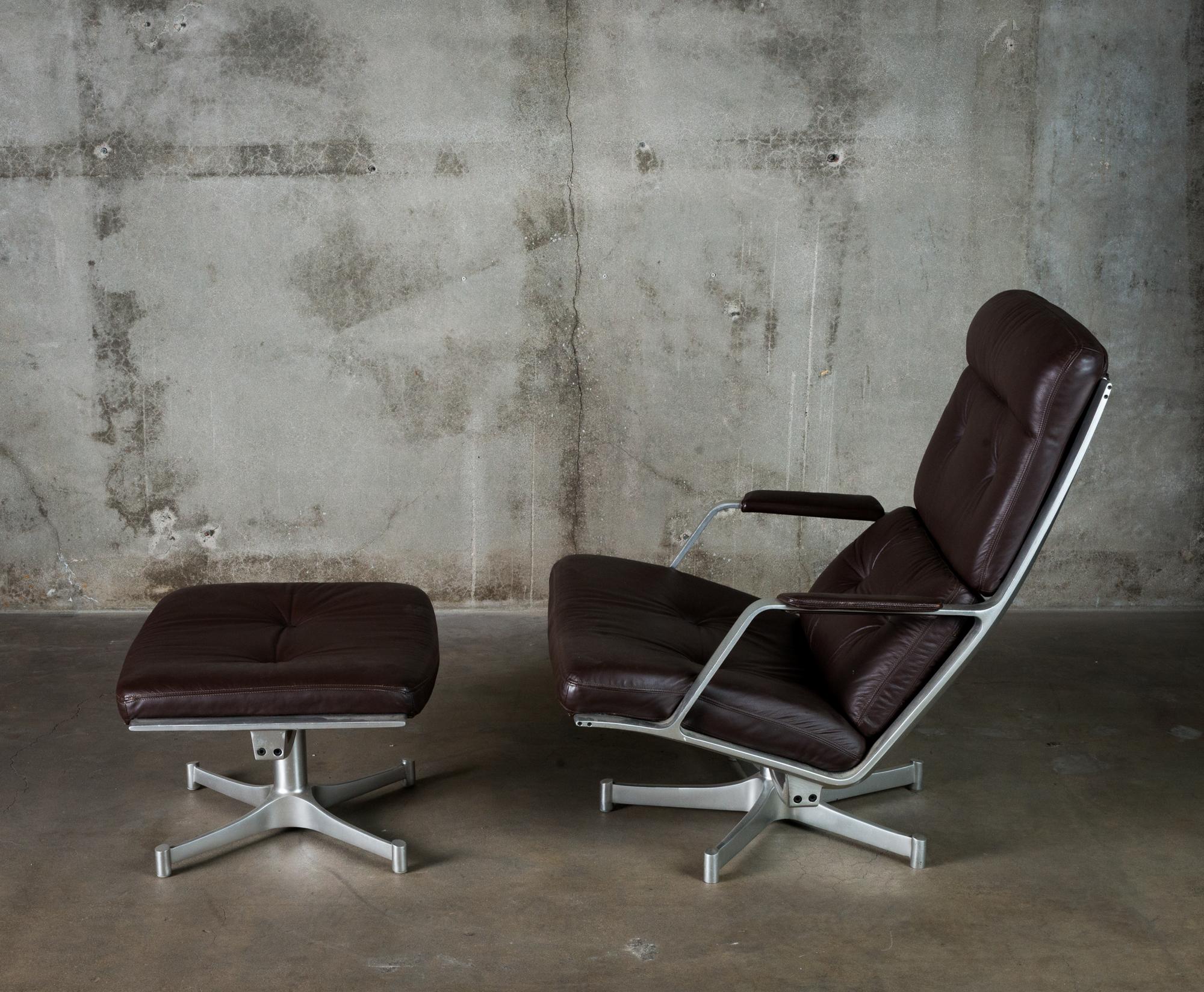 A Preben Fabricius & Jorgen Kastholm leather and aluminium lounge chair with ottoman, from Denmark, 1968.