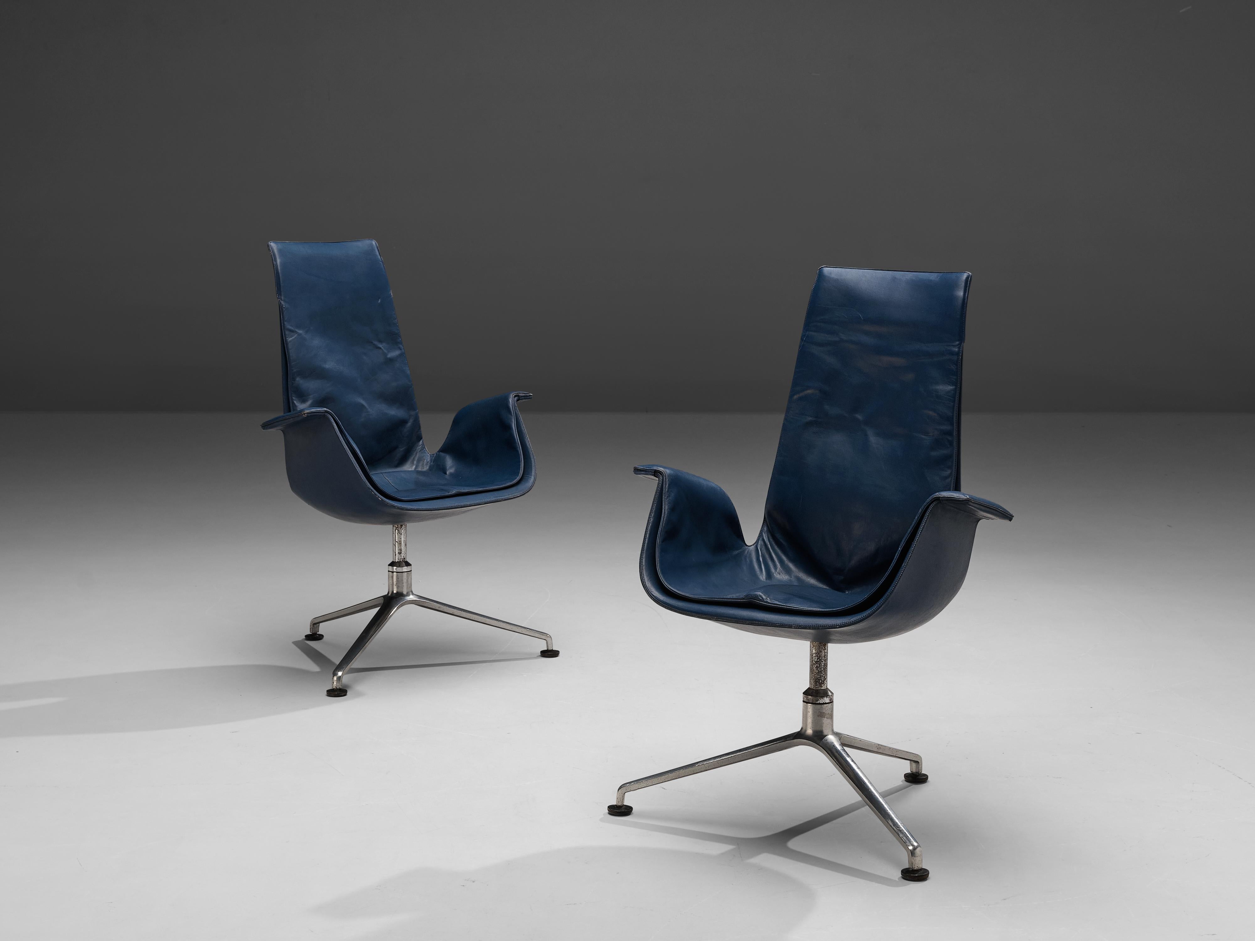 Preben Fabricius and Jørgen Kastholm for Kill International, pair of two chairs model 'FK 6725', leather, steel, Denmark, designed in 1966

Wonderful pair of blue 'Bird chairs' by designer duo Fabricius & Kastholm. Due to the fiberglass shell, the