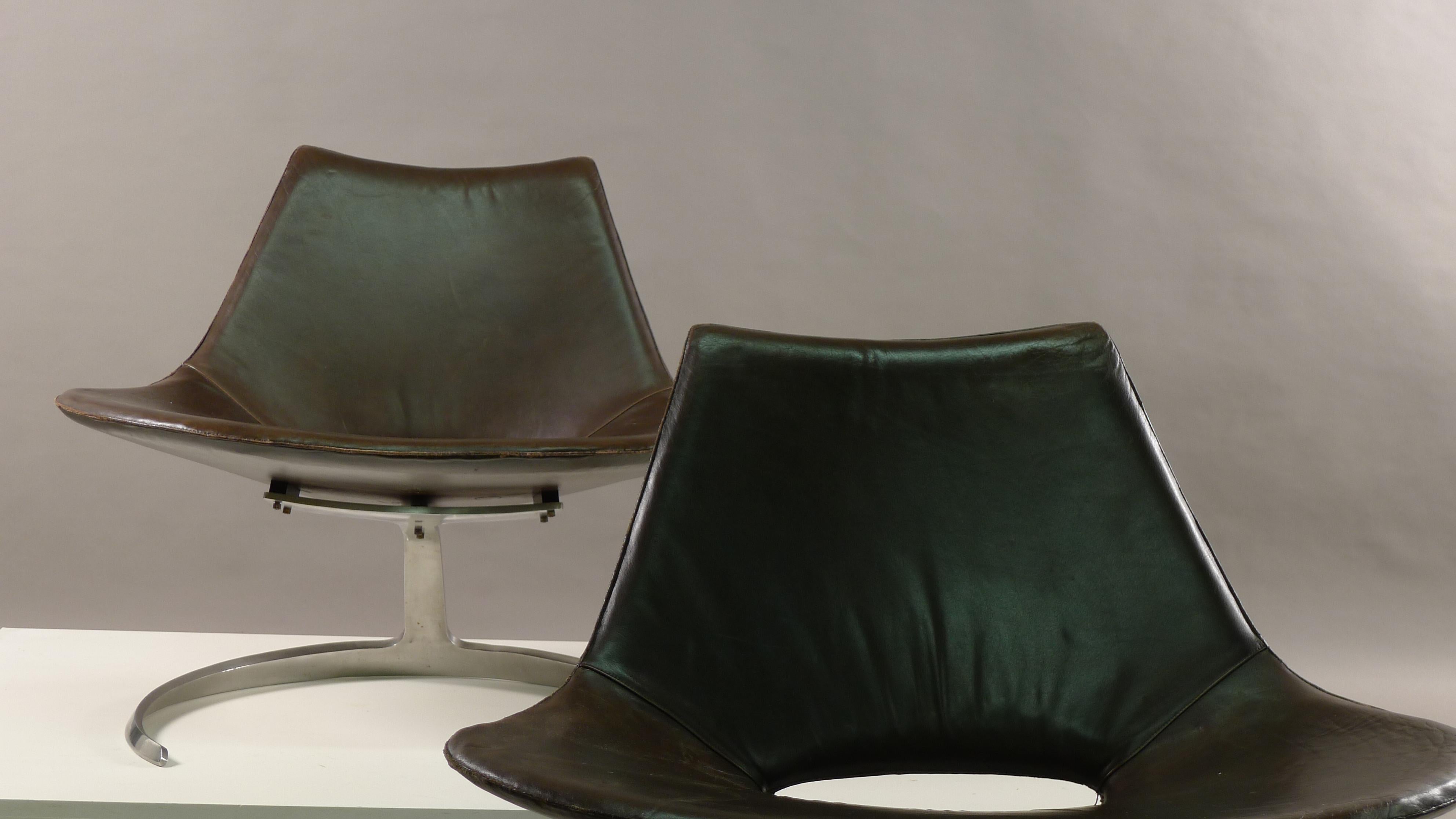 Mid-Century Modern Fabricius & Kastholm, Scimitar Chairs, Original Choclate Brown Leather, 1962