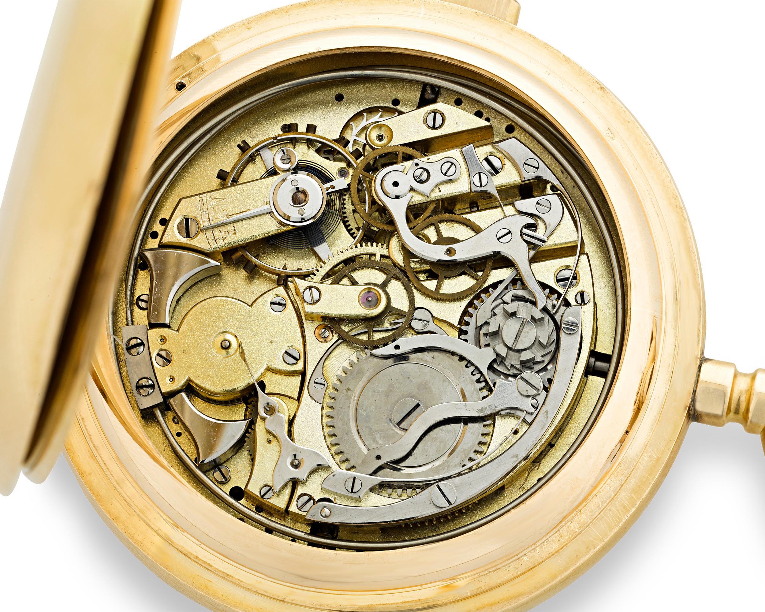 This rare minute repeater chronograph Fabrique Germinal pocket watch by Picard & Cie. is a stellar example of functional beauty. The timepiece features a complex movement with a triple-date calendar and moon phases and dials for the seconds, day,