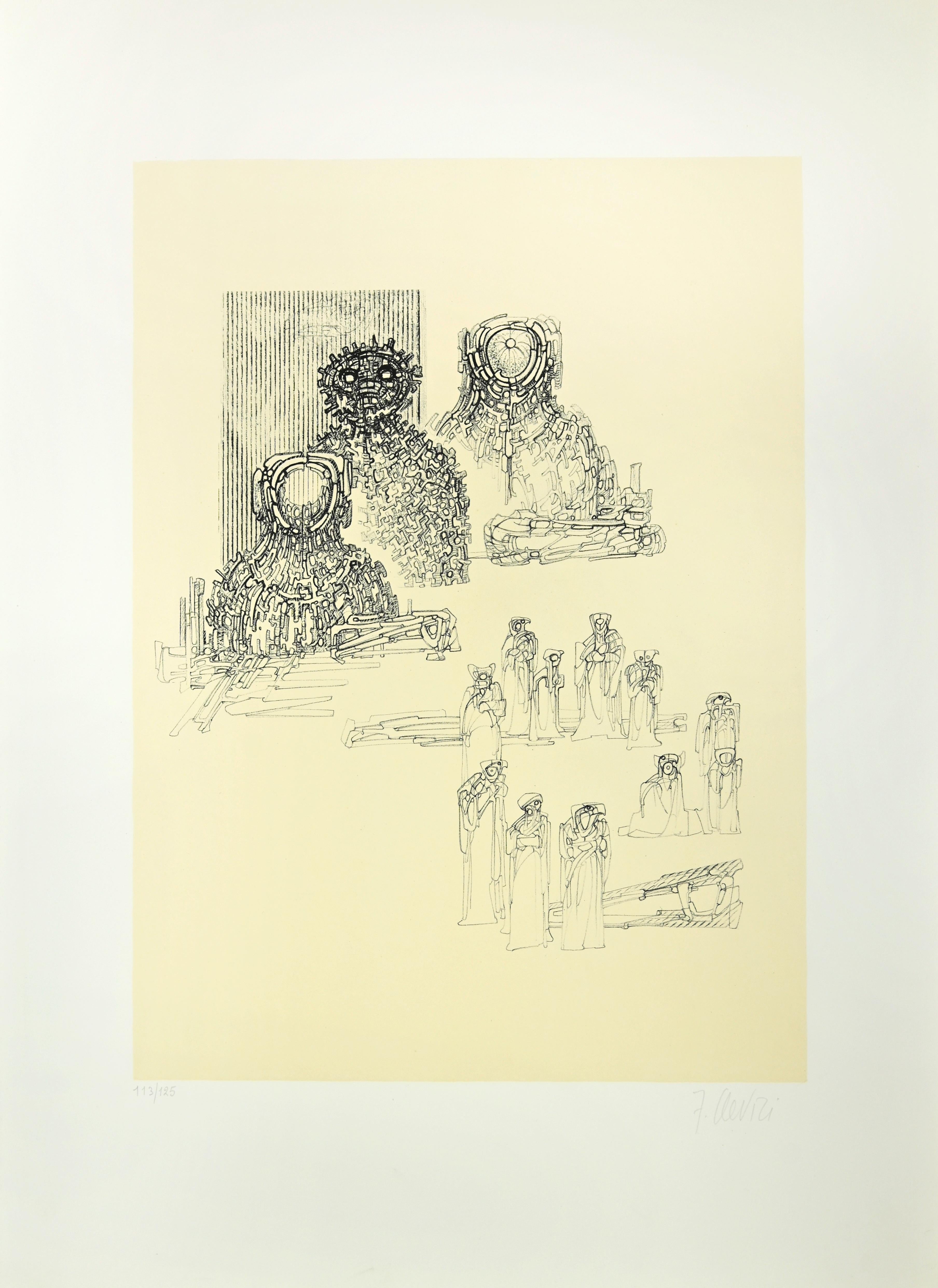 Gestische Komposition ist ein Druck, den Fabrizio Clerici in den 1970er Jahren realisiert hat.

Lithographie auf Papier.

Handsigniert und nummeriert, Auflage: 125 Exemplare.

Das Kunstwerk wird durch eine Reihe von verschiedenen Brett- und