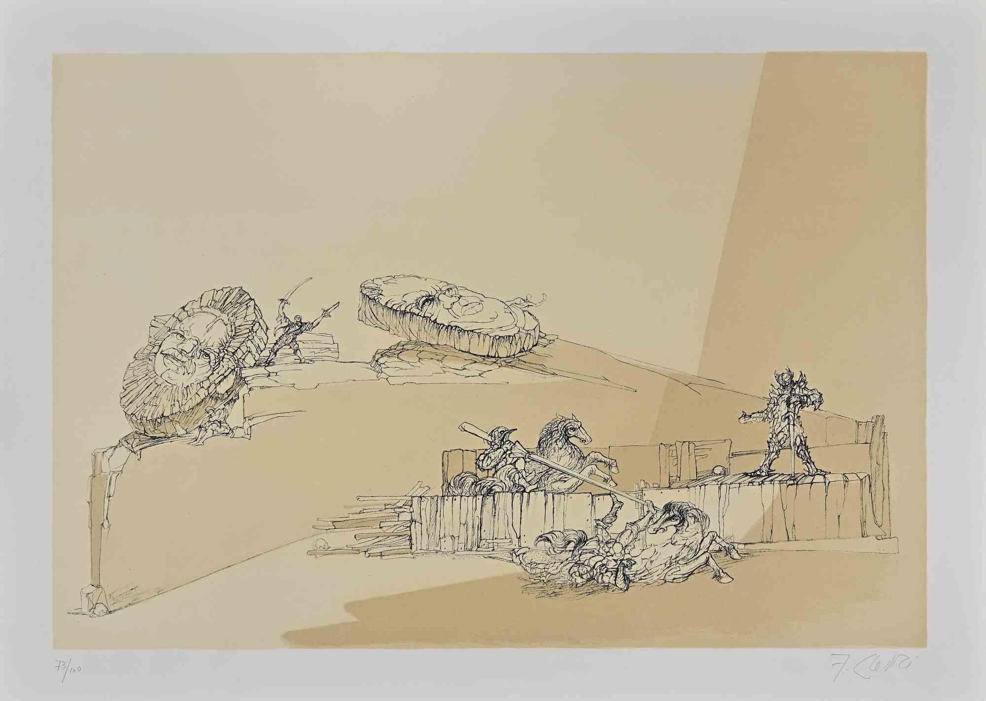 The Battle is an original artwork realized by Fabrizio Clerici in 1984.

Lithograph print.

Hand-signed on the lower right margin.

Numbered on the lower left margin. Edition of 100 prints.

Very good conditions.
