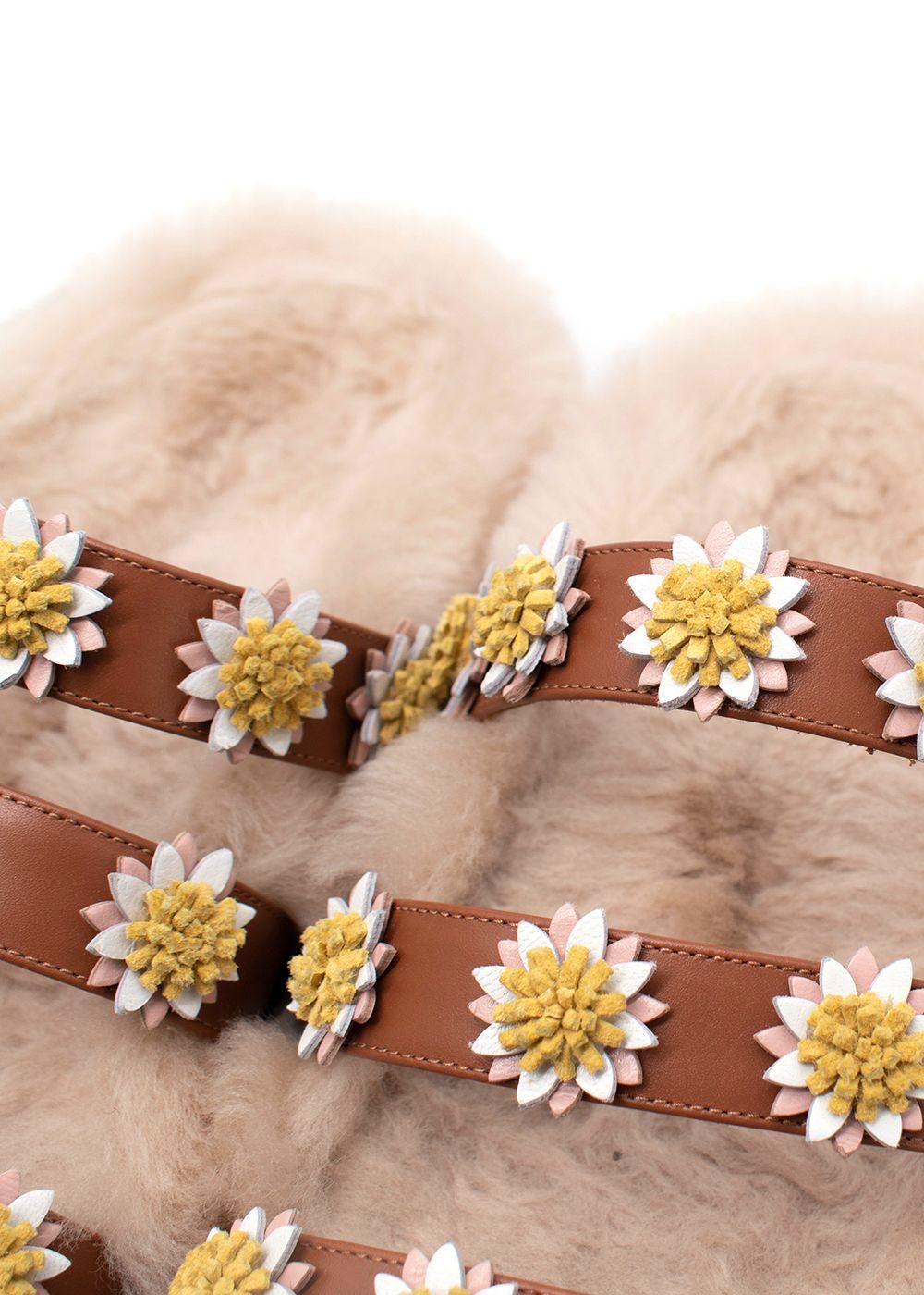 Beige Fabrizio Viti Brown Leather Daisy Applique Shearling Lined Sandals