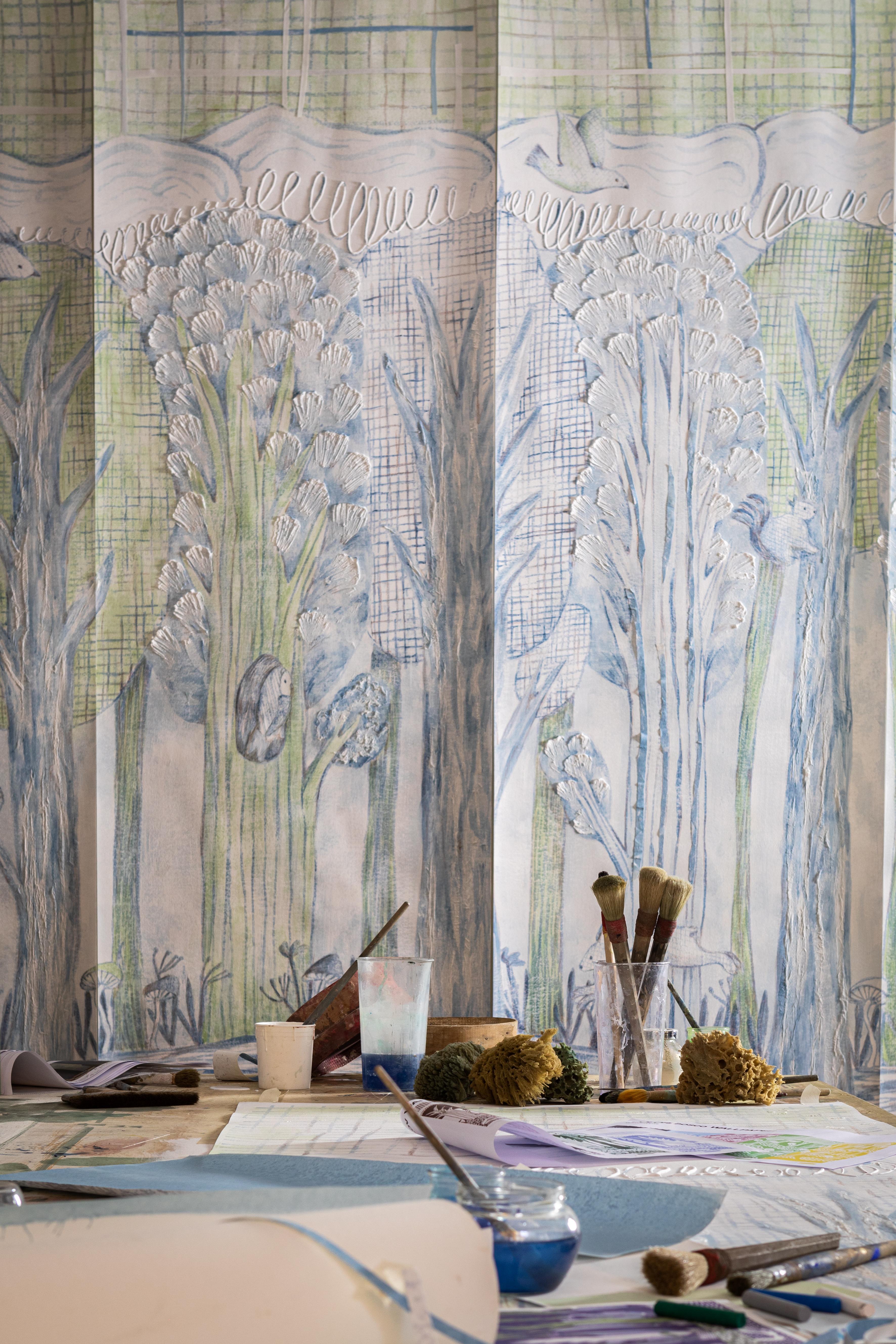 Paper Fabscarte Forest Hand Painted Wallpaper, Skov For Sale